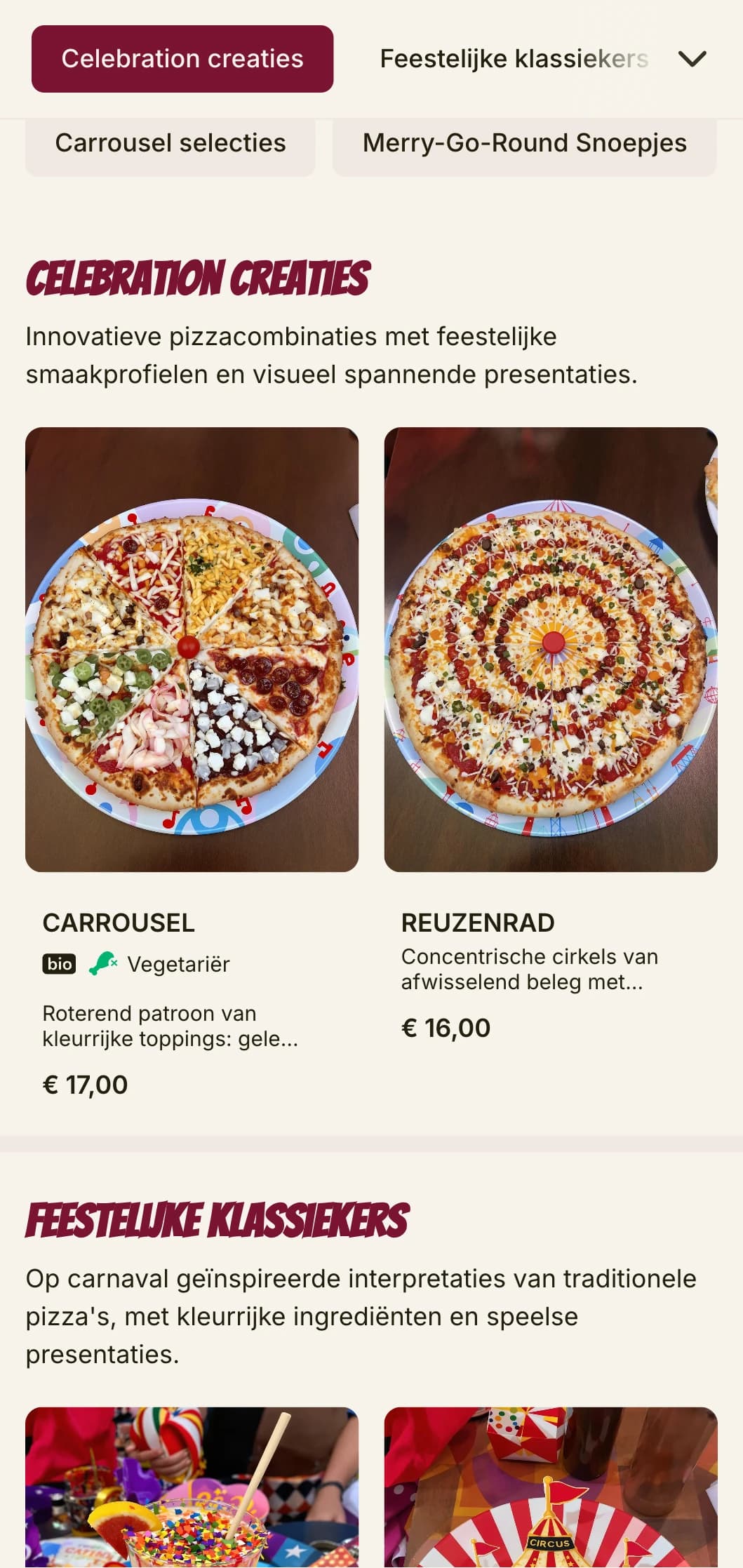Feestelijke, energieke pizzakaart met heldere kleuren en speelse elementen.