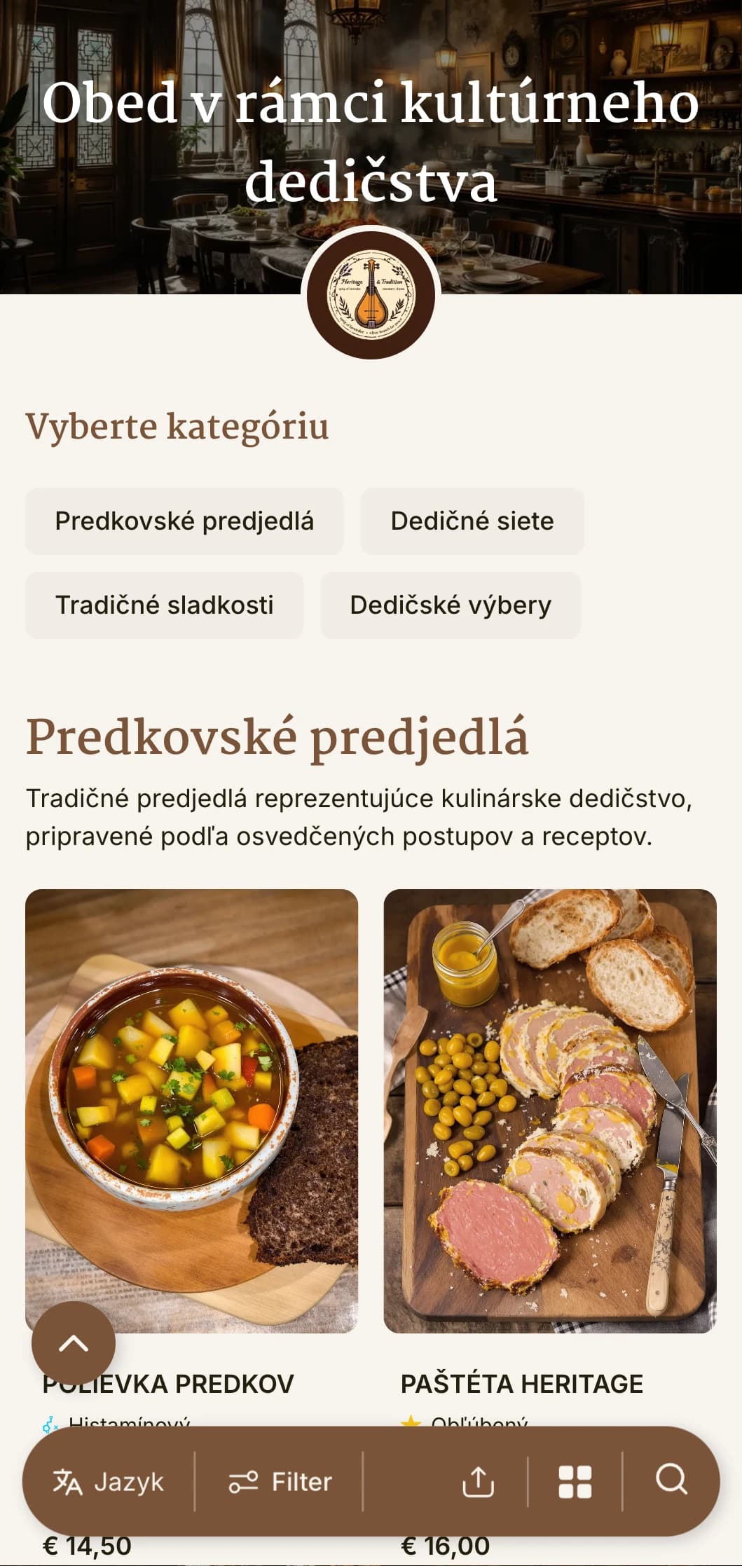 Tradičný, pamiatkami inšpirovaný dizajn obedového menu s historickými prvkami a nadčasovou typografiou, ideálny pre pamiatkové reštaurácie a zariadenia s kultúrnym významom.