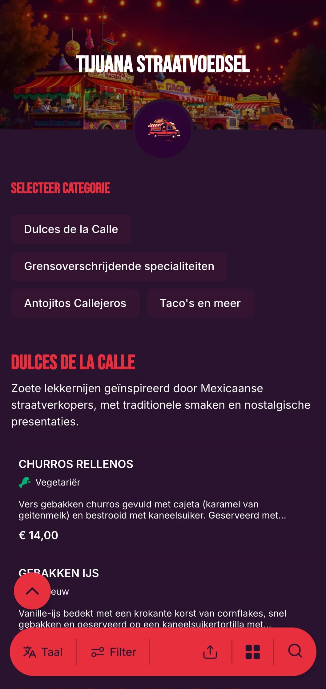 Gedurfd en energiek streetfoodmenu geïnspireerd door de levendige eetscene van Tijuana met felle kleuren, nonchalante typografie en authentieke tacospecialiteiten.