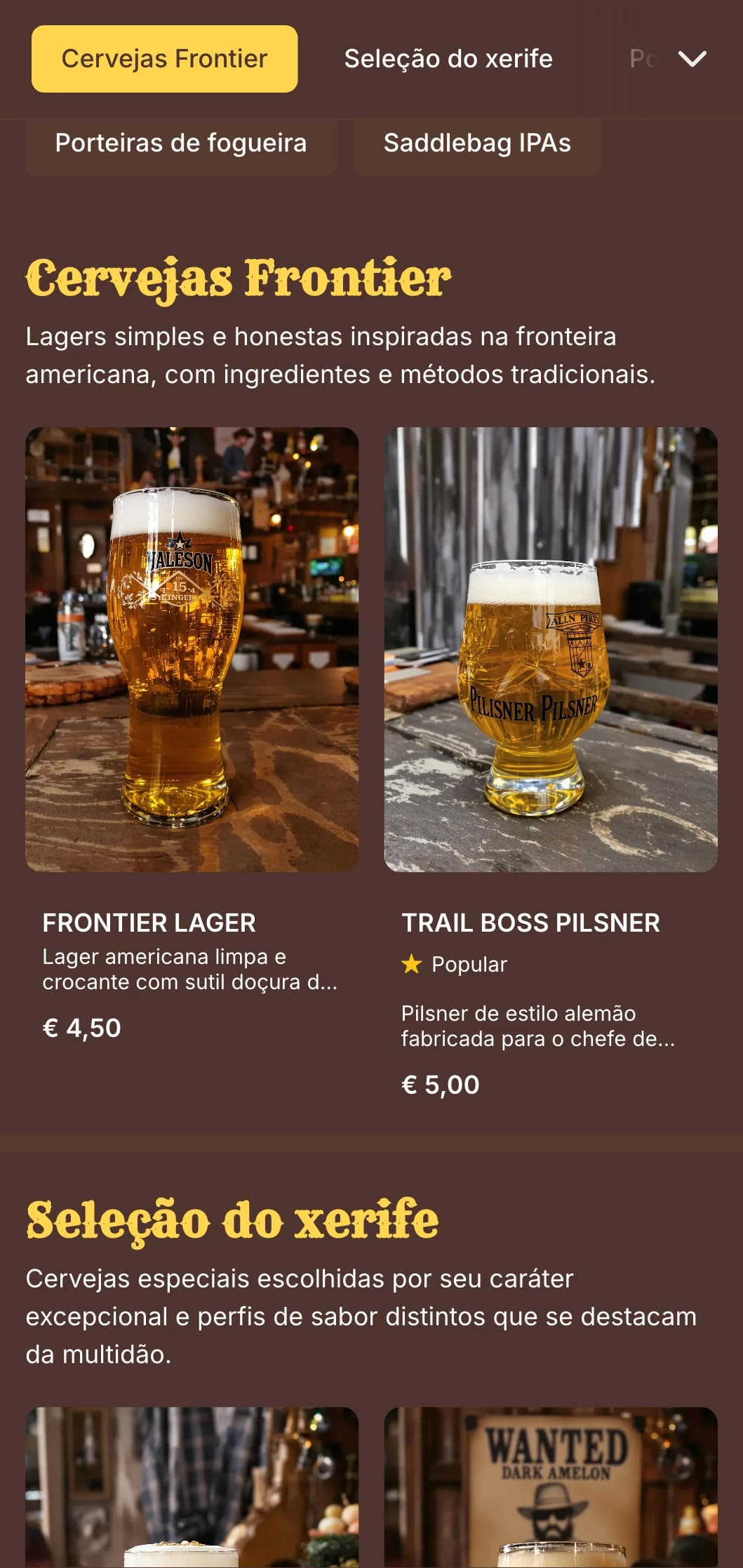 Design inspirado na fronteira com texturas desgastadas e tipografia ocidental, perfeito para bares no estilo saloon e cervejarias temáticas.
