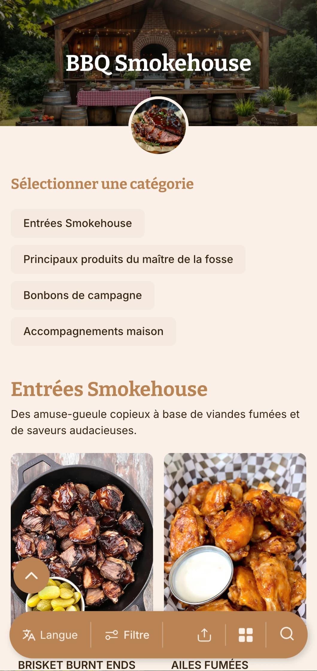 Restauration axée sur le barbecue avec des viandes fumées, des accompagnements maison et une présentation rustique pour les rassemblements en plein air et les célébrations décontractées.