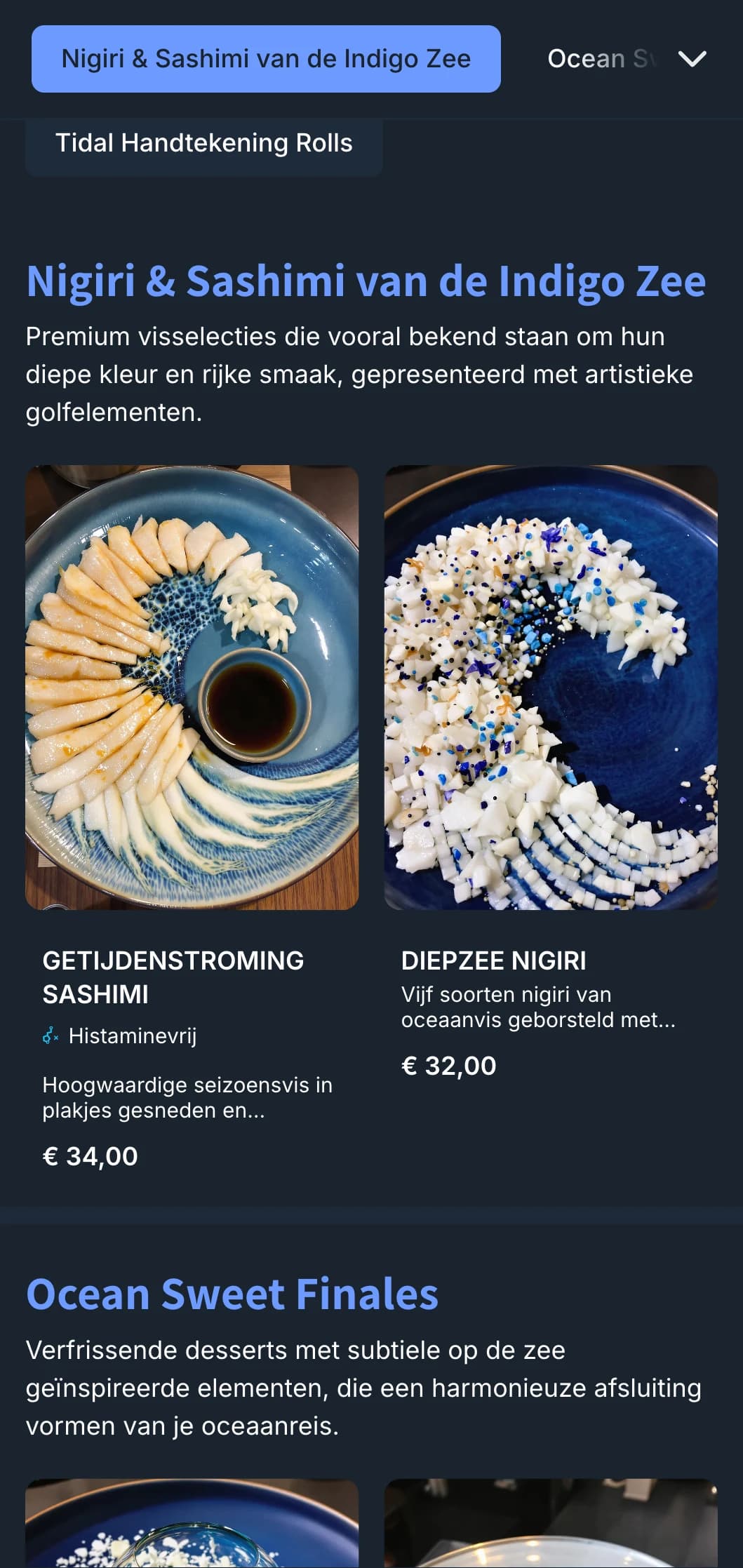Op de oceaan geïnspireerd sushi-menu met diepe indigo golven en eigentijds design voor restaurants die gericht zijn op zeevruchten.