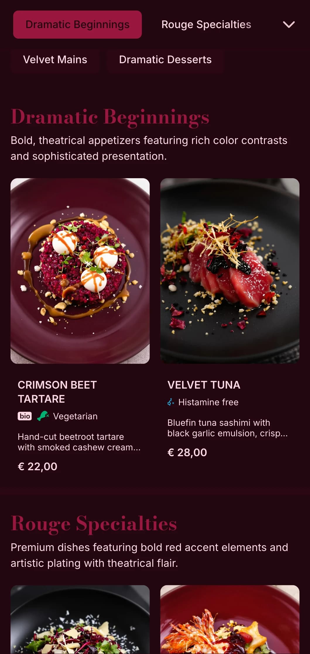 Rich, theatrical dining experience with deep red velvet tones and dramatic presentation elements.