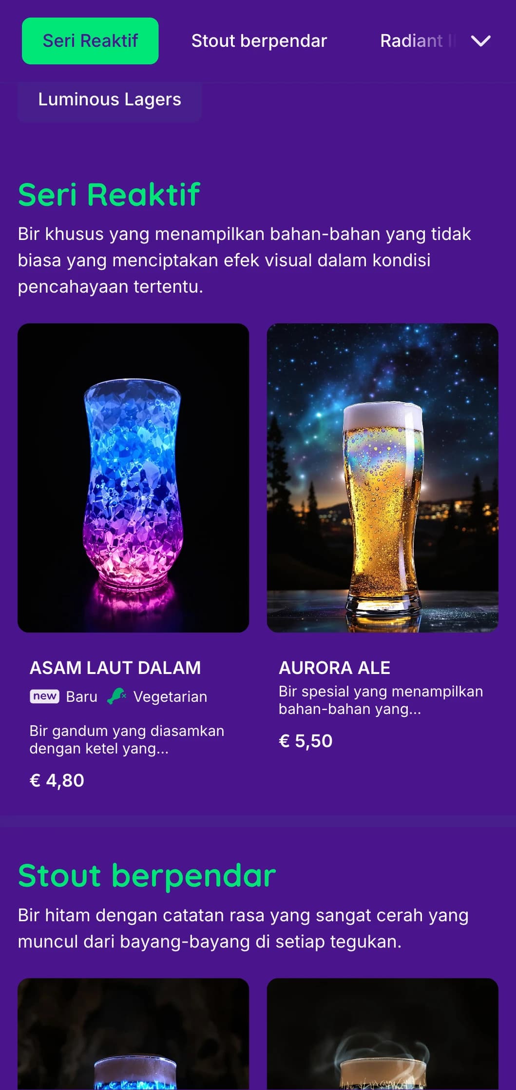 Desain yang ethereal dan magis dengan elemen bercahaya dan latar belakang yang dalam, cocok untuk pengalaman bir khusus yang unik.