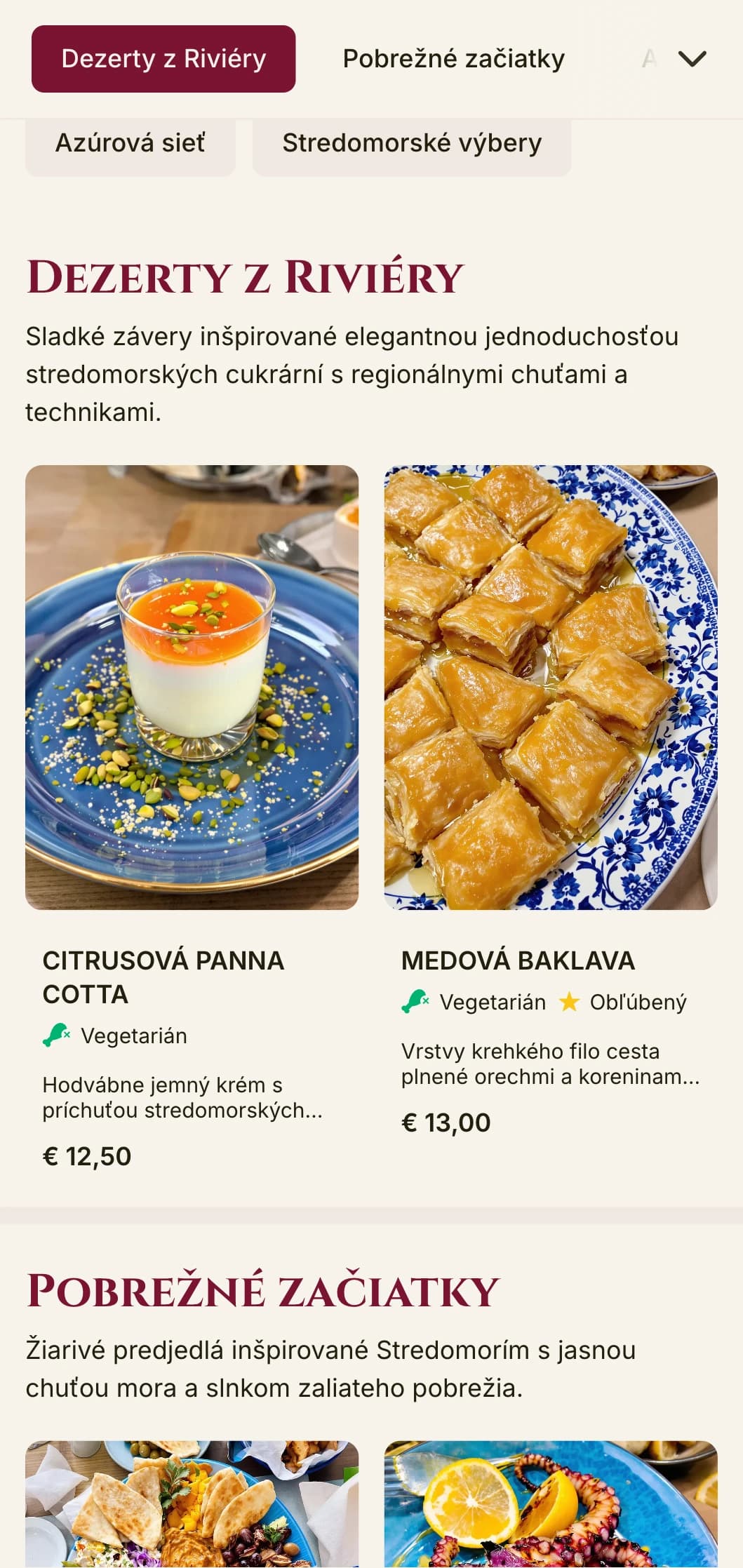 Výrazný dizajn obedového menu inšpirovaný Stredomorím s výraznými akcentmi a elegantným usporiadaním je ideálny pre luxusné prímorské reštaurácie a dovolenkové destinácie.