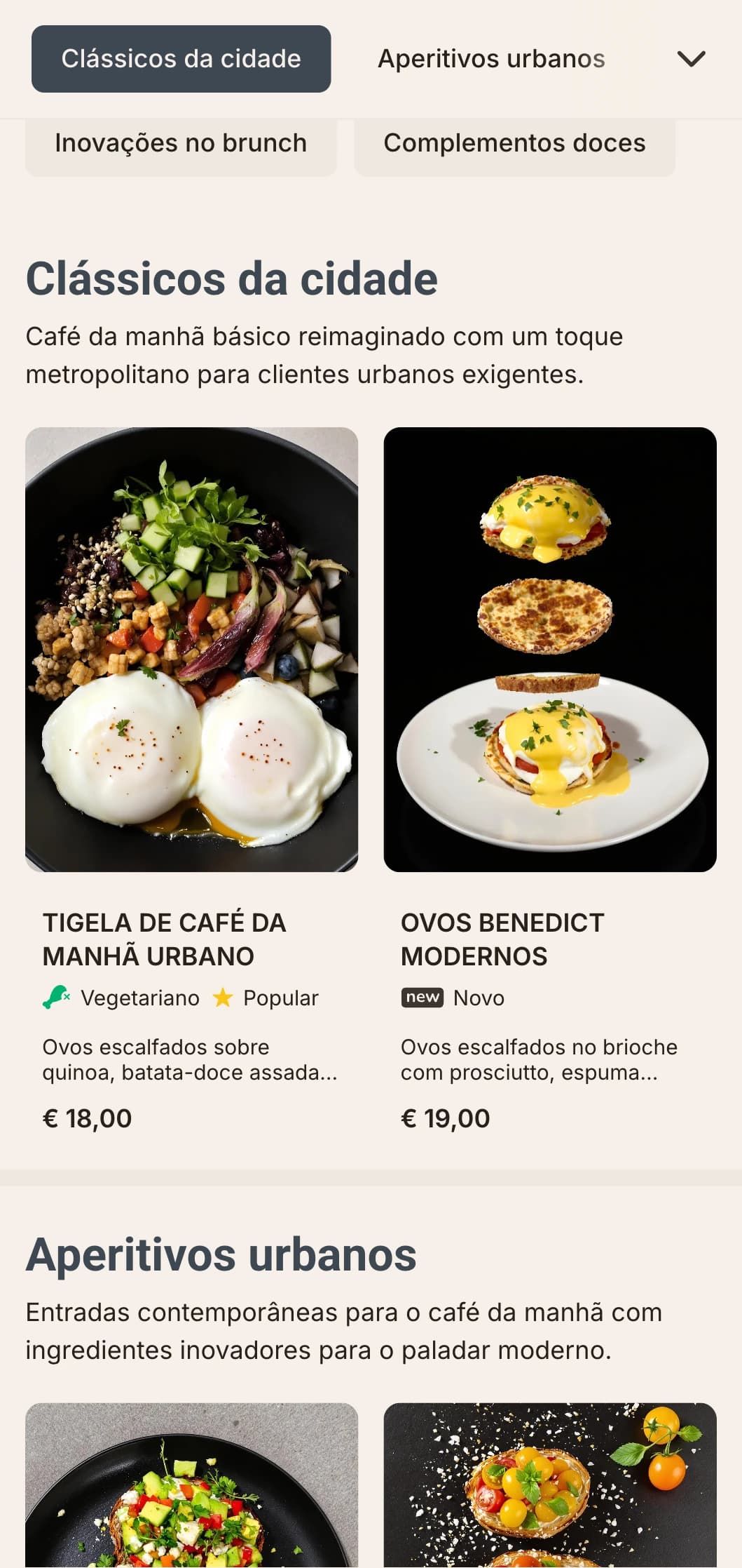 Opções de café da manhã elegantes e contemporâneas para o urbano moderno, com apresentação minimalista e combinações inovadoras de sabores.