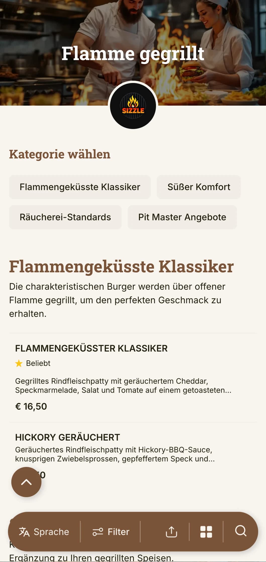 Kühnes, auf den Grill ausgerichtetes Design mit warmen Holztönen und Flammenakzenten für ein authentisches Burger-Erlebnis vom Holzkohlegrill.