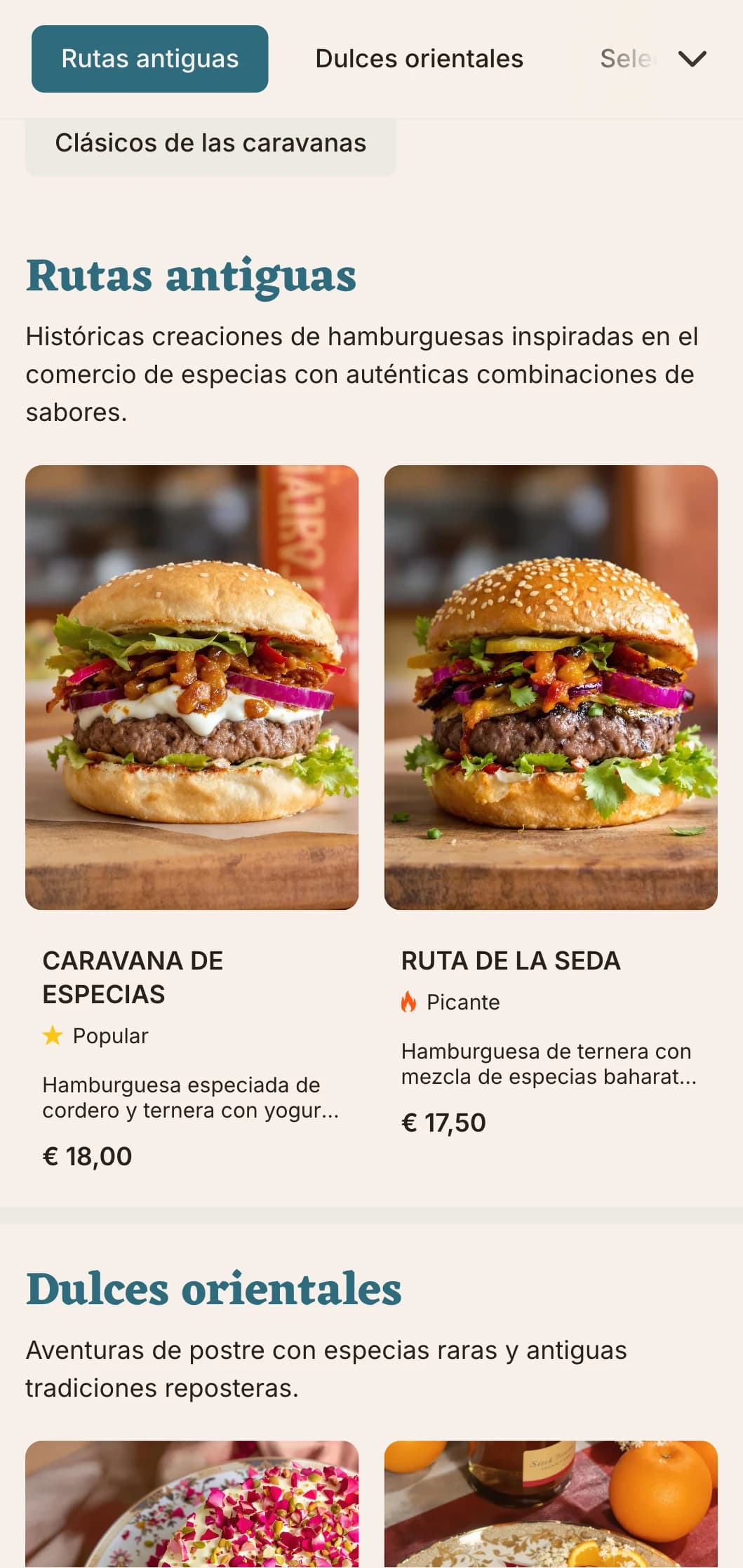 Menú de hamburguesas inspirado en la antigua ruta comercial, con combinaciones de sabores históricos.