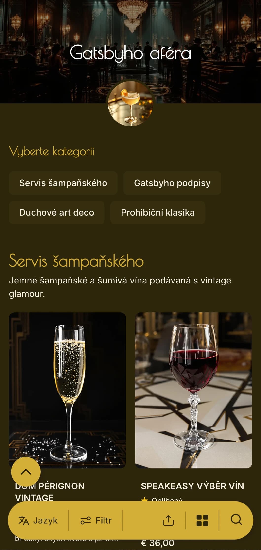 Okouzlující zlatý a černý design s autentickými vzory z 20. let minulého století pro luxusní salonky.