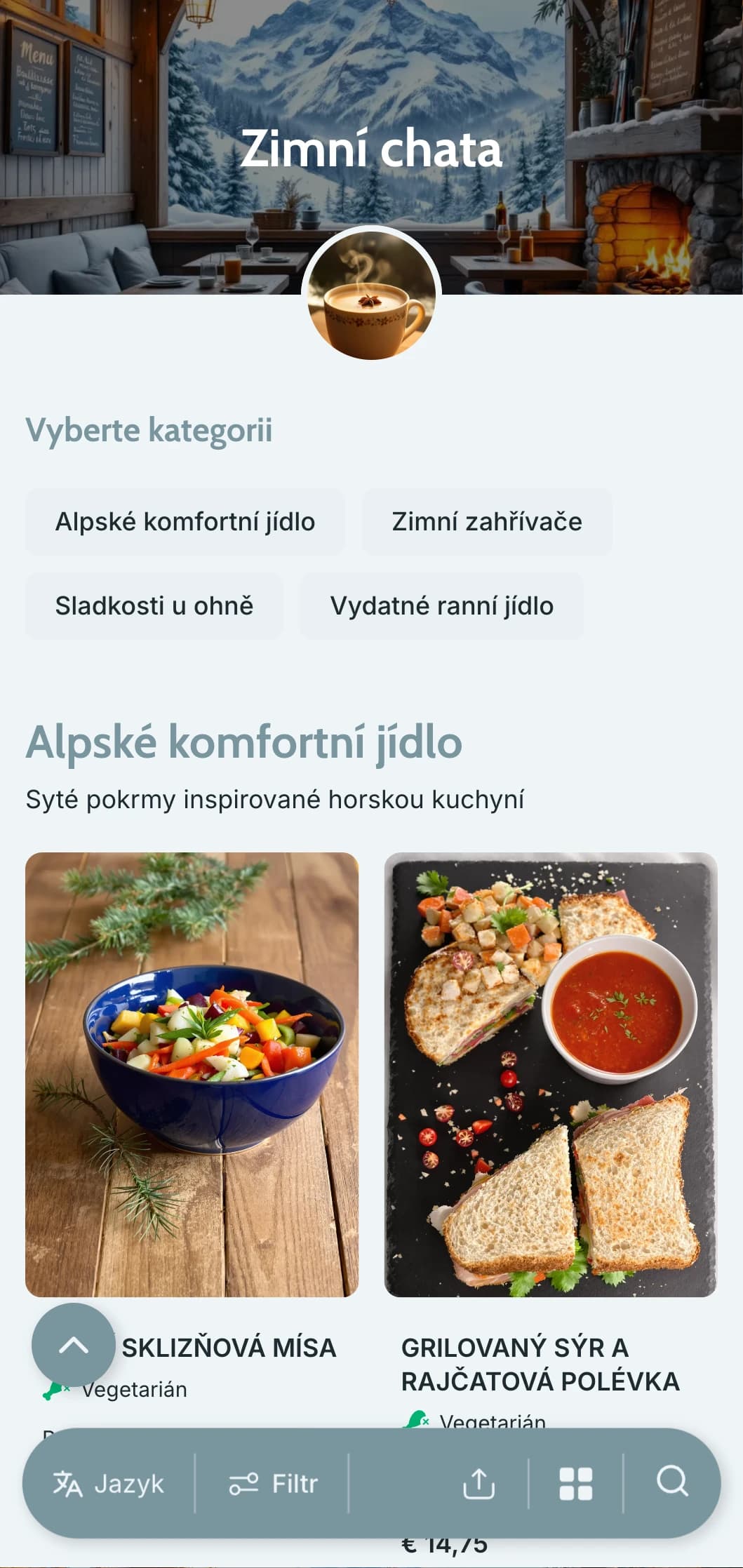 Chladný modrošedý design se zimními prvky pro sezónní menu a horské kavárny.