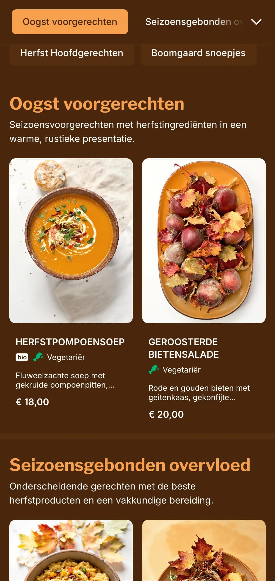 Een warm, op de herfst geïnspireerd dinermenu met rijke amberkleurige tinten, ideaal voor seizoensgebonden gerechten en oogstgerichte restaurants.