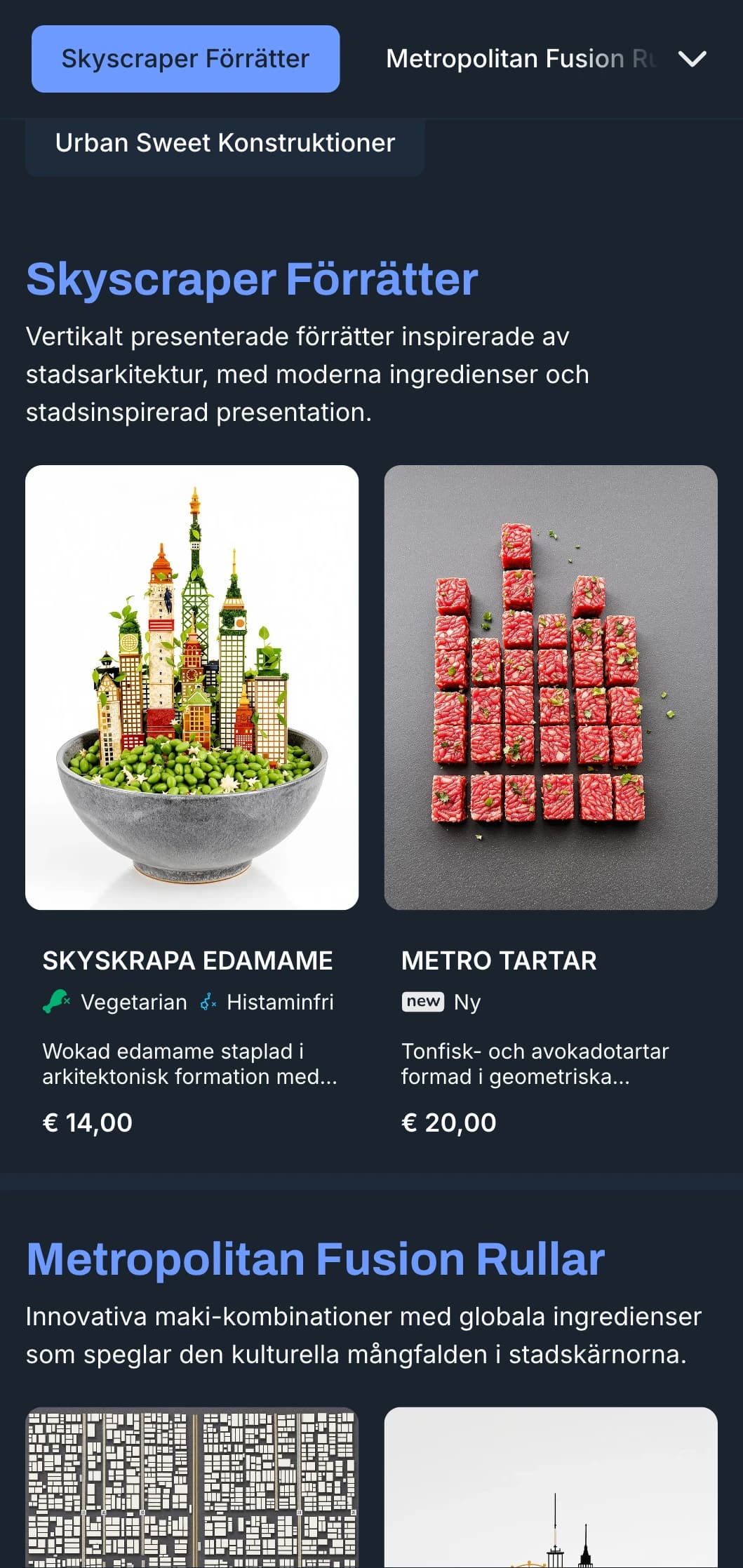 Samtida stadsinspirerad sushimeny med svala blå toner och urbana designelement för trendiga lokaler.