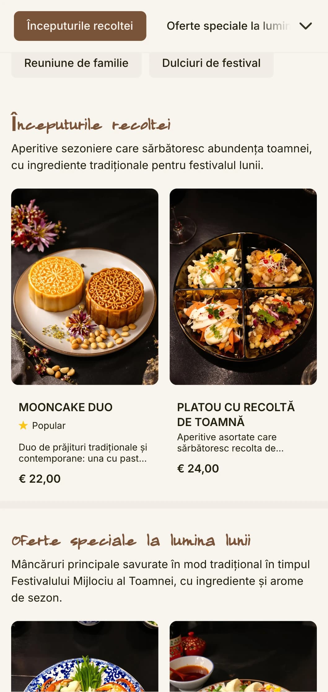Design elegant al meniului chinezesc inspirat de Festivalul Mijlociu al Toamnei, cu motive de prăjituri de lună și modele tradiționale pentru specialitățile de sezon.