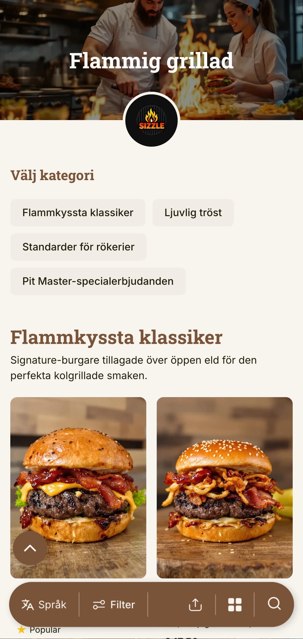 Djärv grillfokuserad design med varma trätoner och flammor för en autentisk kolgrillad hamburgerupplevelse.