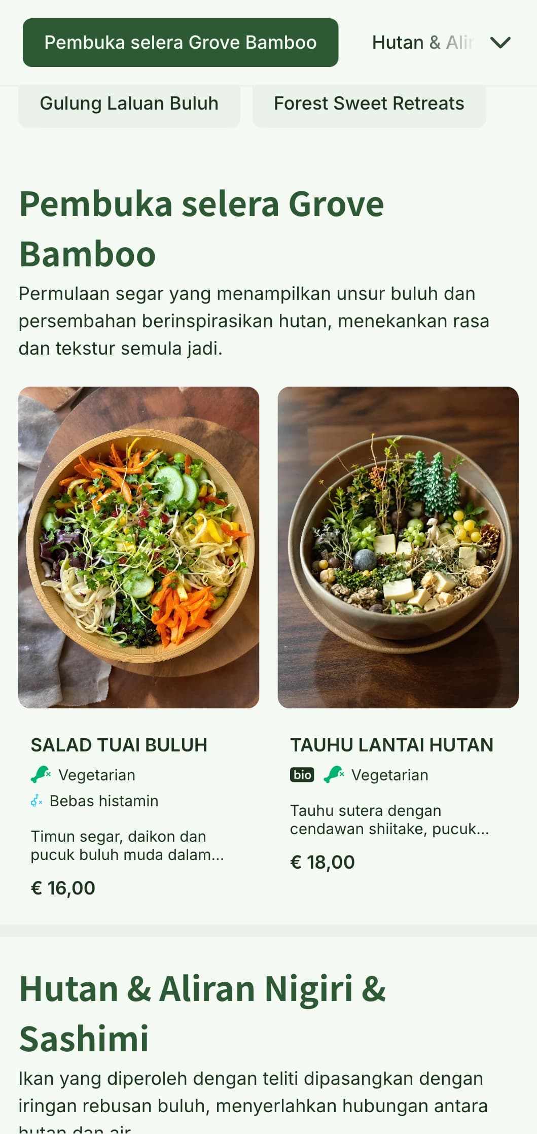 Menu sushi semula jadi yang diinspirasikan dari buluh dengan rona hijau hutan dan unsur organik untuk pertubuhan asli.