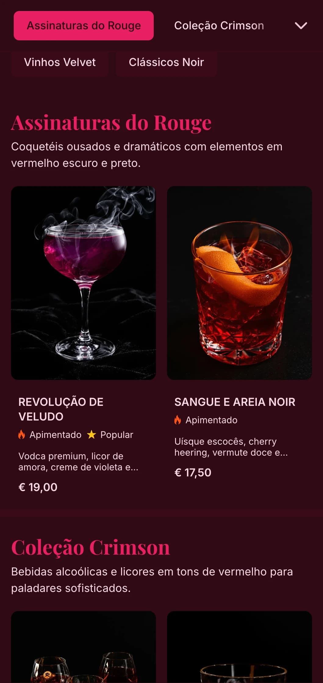 Design arrojado em preto e vermelho com texturas luxuosas para experiências dramáticas em coquetéis.