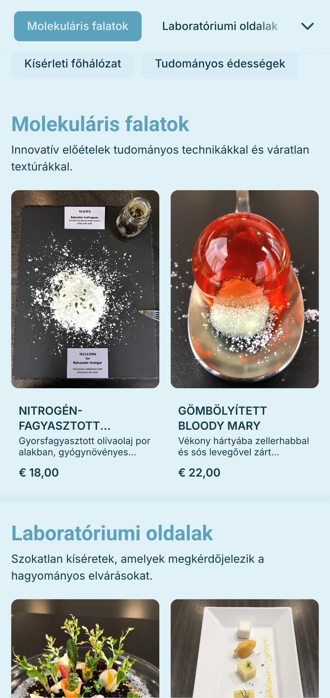 Innovatív molekuláris gasztronómiai étkeztetés tudományos technikákkal, szokatlan textúrákkal és drámai megjelenítéssel élvonalbeli eseményekhez.