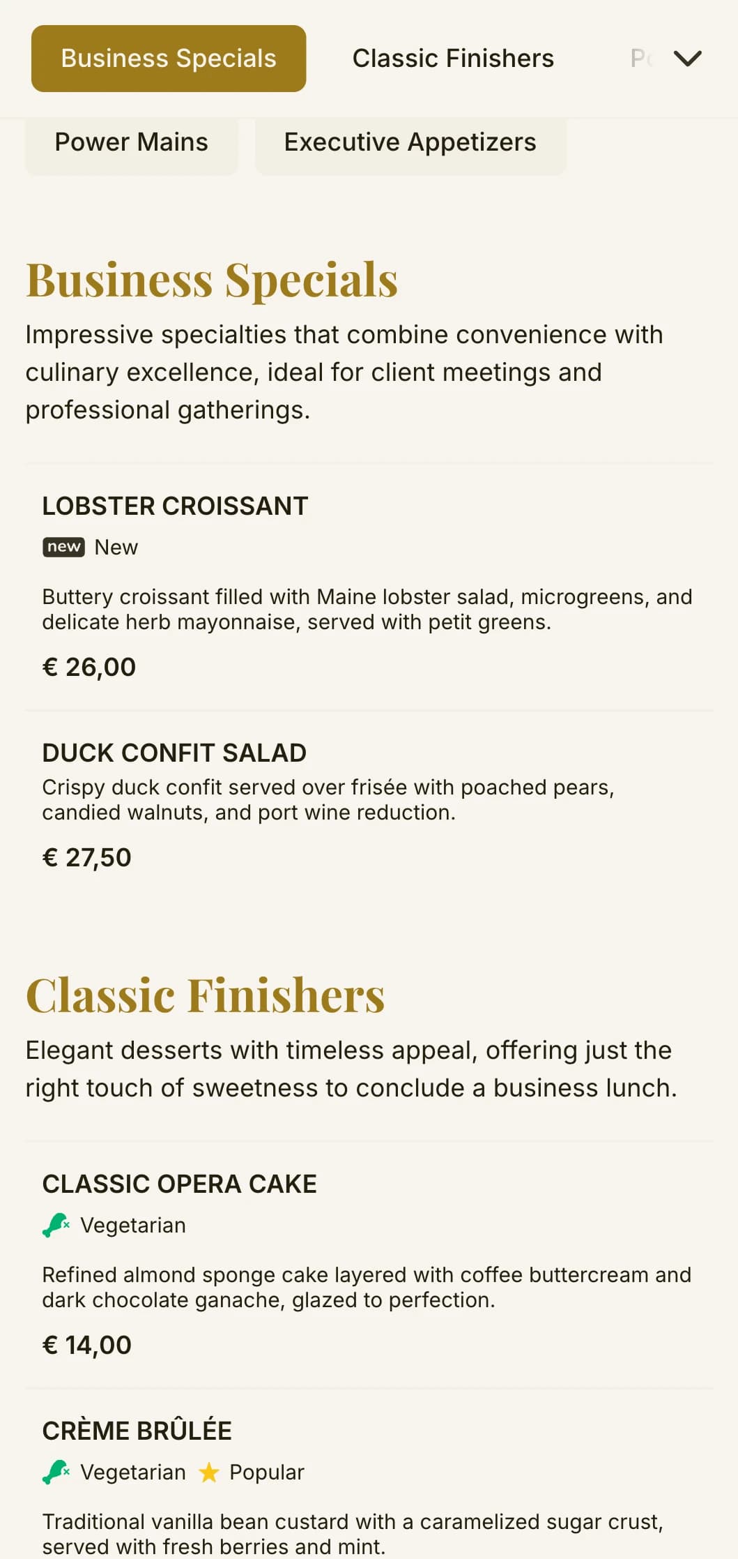 Elegant yet efficient lunch menu design for business districts and corporate catering, featuring timeless typography and sophisticated layout for quick professional lunches.