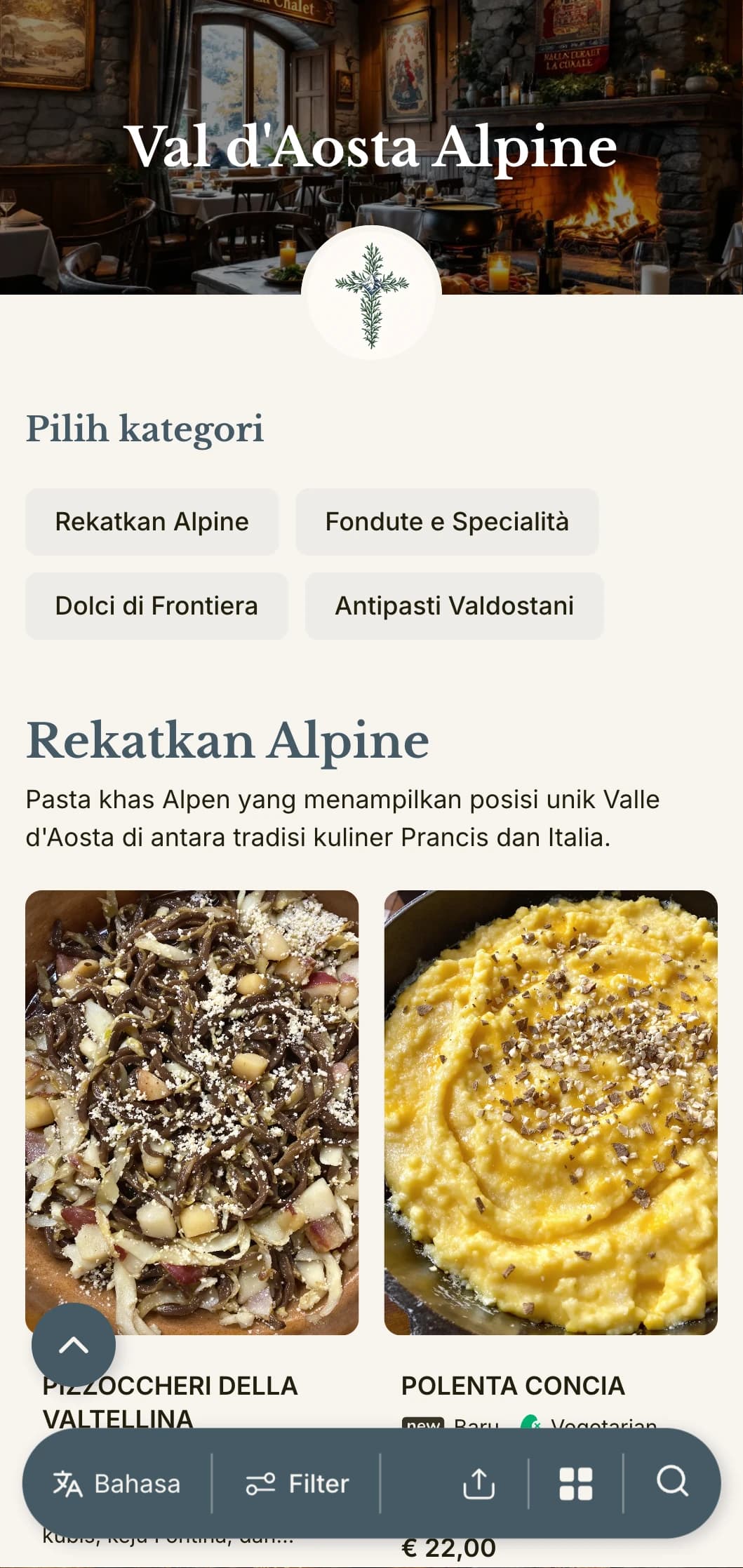 Desain yang terinspirasi oleh pegunungan yang merayakan masakan perpaduan Prancis-Italia di wilayah pegunungan terkecil di Italia.