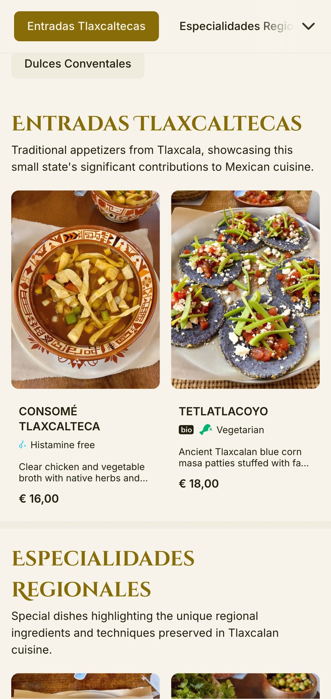 Elegant and historic menu celebrating Tlaxcala's culinary traditions featuring gold accents, pre-Hispanic influences, and regional specialties.