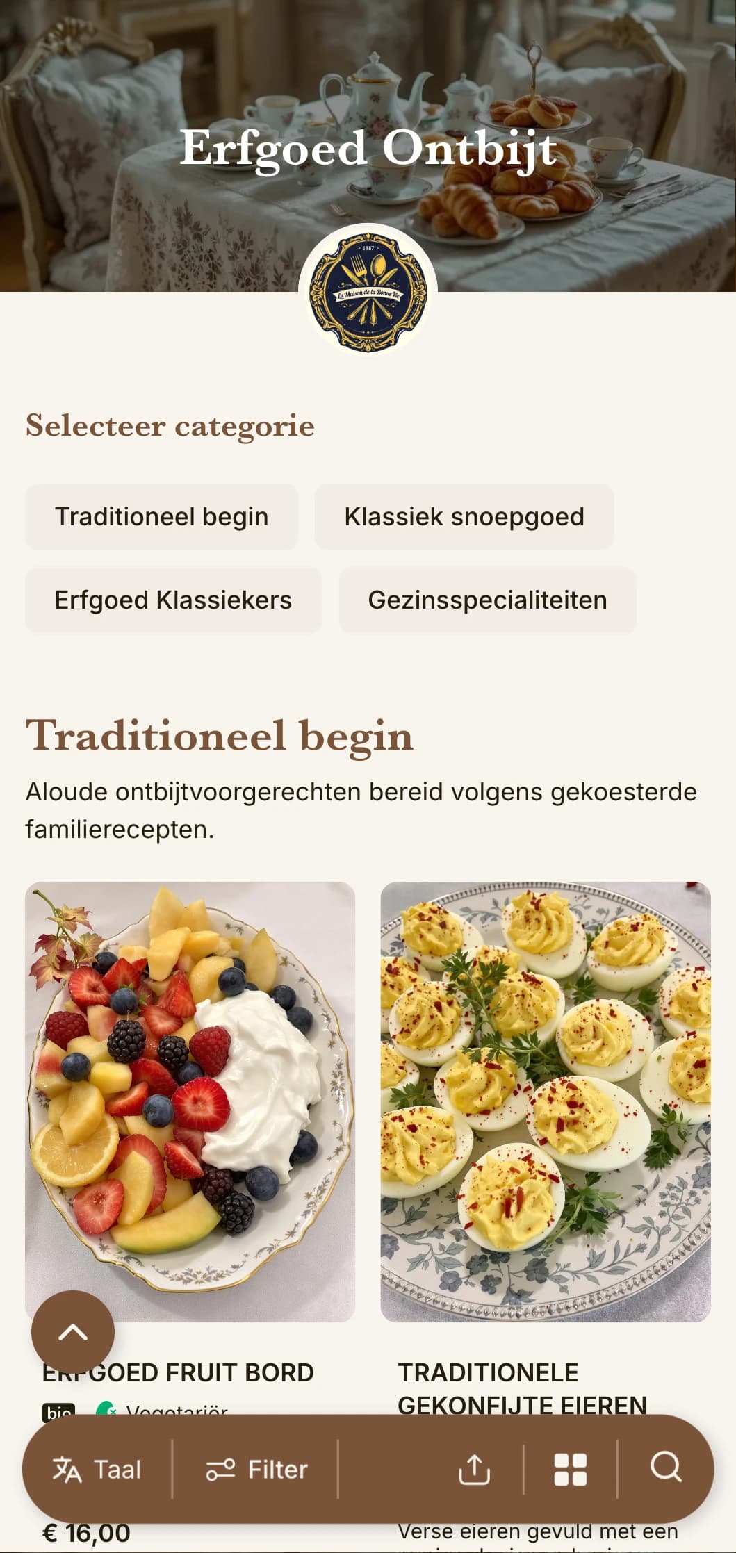Traditionele ontbijtselecties geïnspireerd op tijdloze familierecepten en klassieke culinaire technieken.