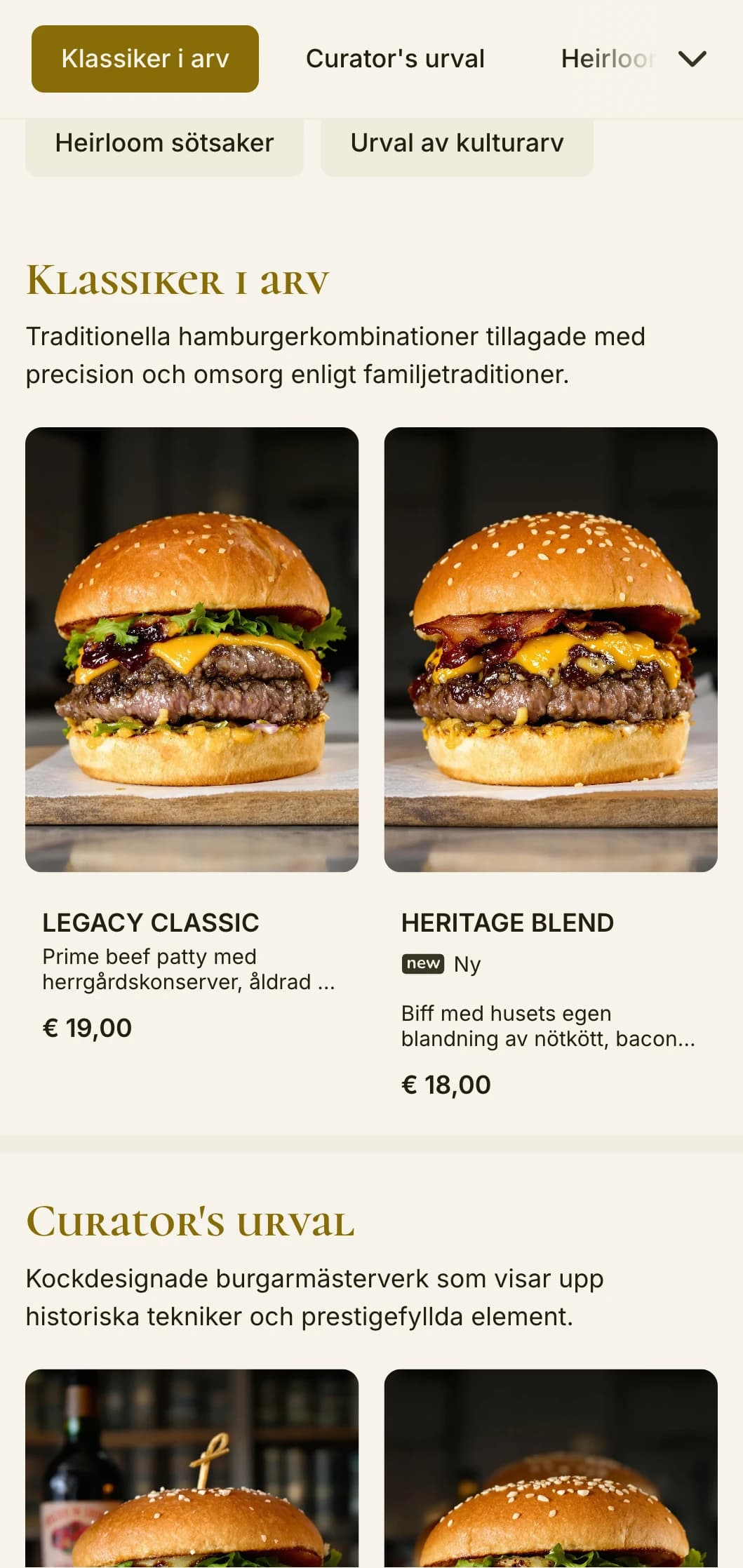 Herrgårdsinspirerad hamburgerupplevelse med kulturarvselement och aristokratiska inslag.