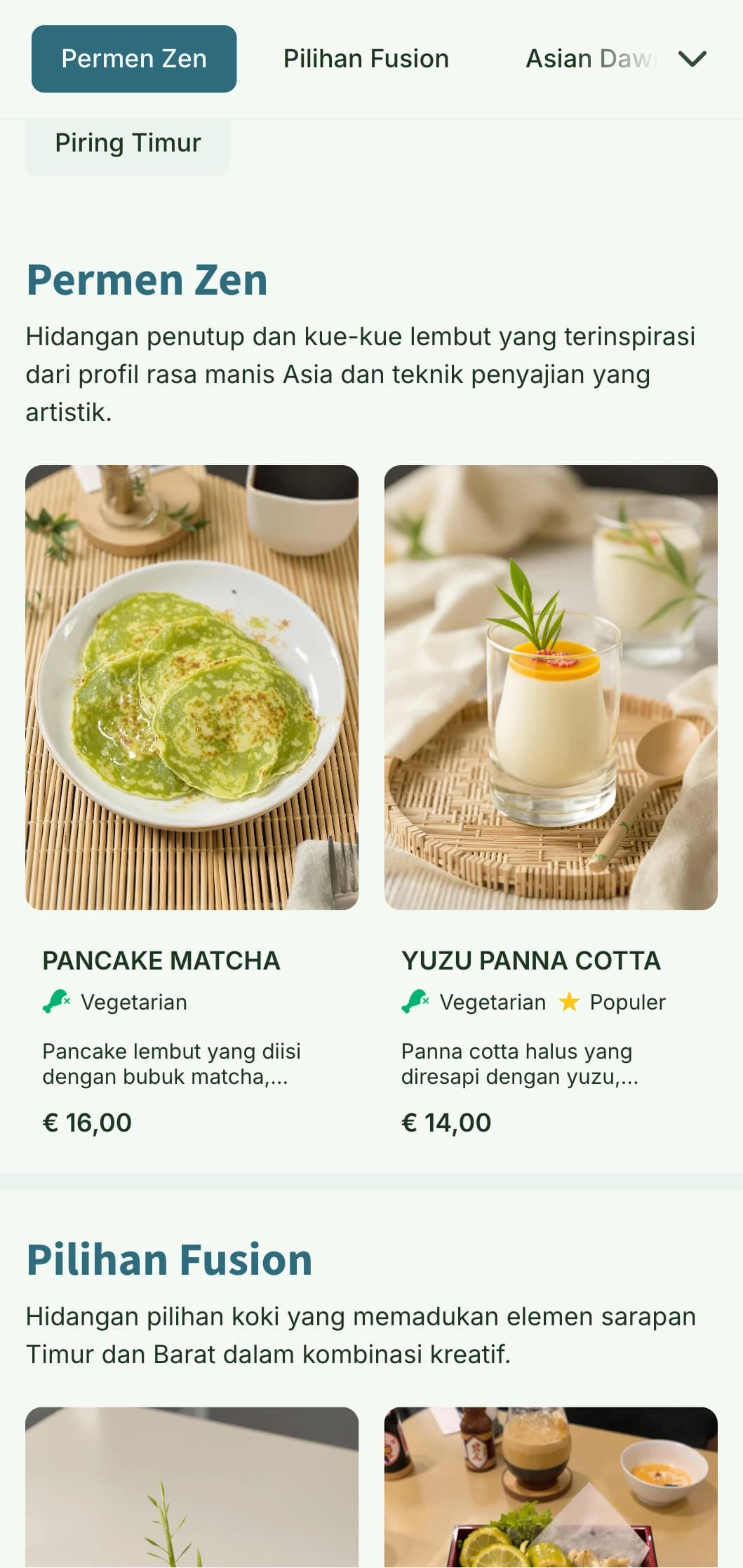 Templat brunch yang terinspirasi dari Asia dengan elemen alami, cocok untuk kafe fusion dan tempat sarapan kontemporer Asia.