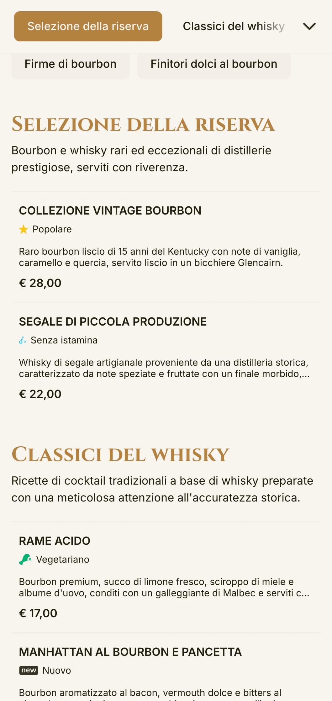 Un design elegante e raffinato per bourbon bar e whisky lounge, caratterizzato da una tipografia vintage e da caldi accenti ambrati.