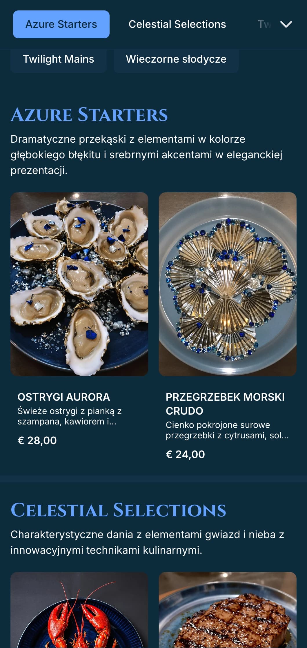 Dramatyczne, ciemnoniebieskie menu obiadowe z inspiracją zmierzchu i srebrnymi akcentami, zaprojektowane z myślą o wyrafinowanych wieczornych posiłkach.