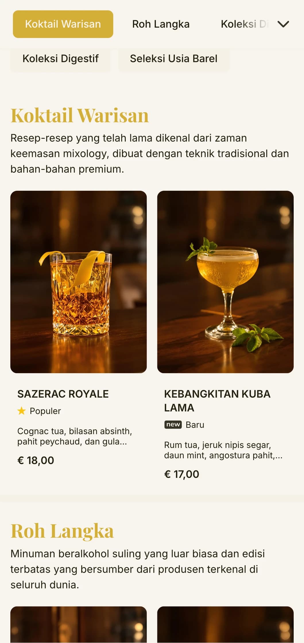 Desain menu bar klasik yang membangkitkan masa keemasan koktail dengan tipografi vintage dan aksen emas yang elegan dengan latar belakang krem.