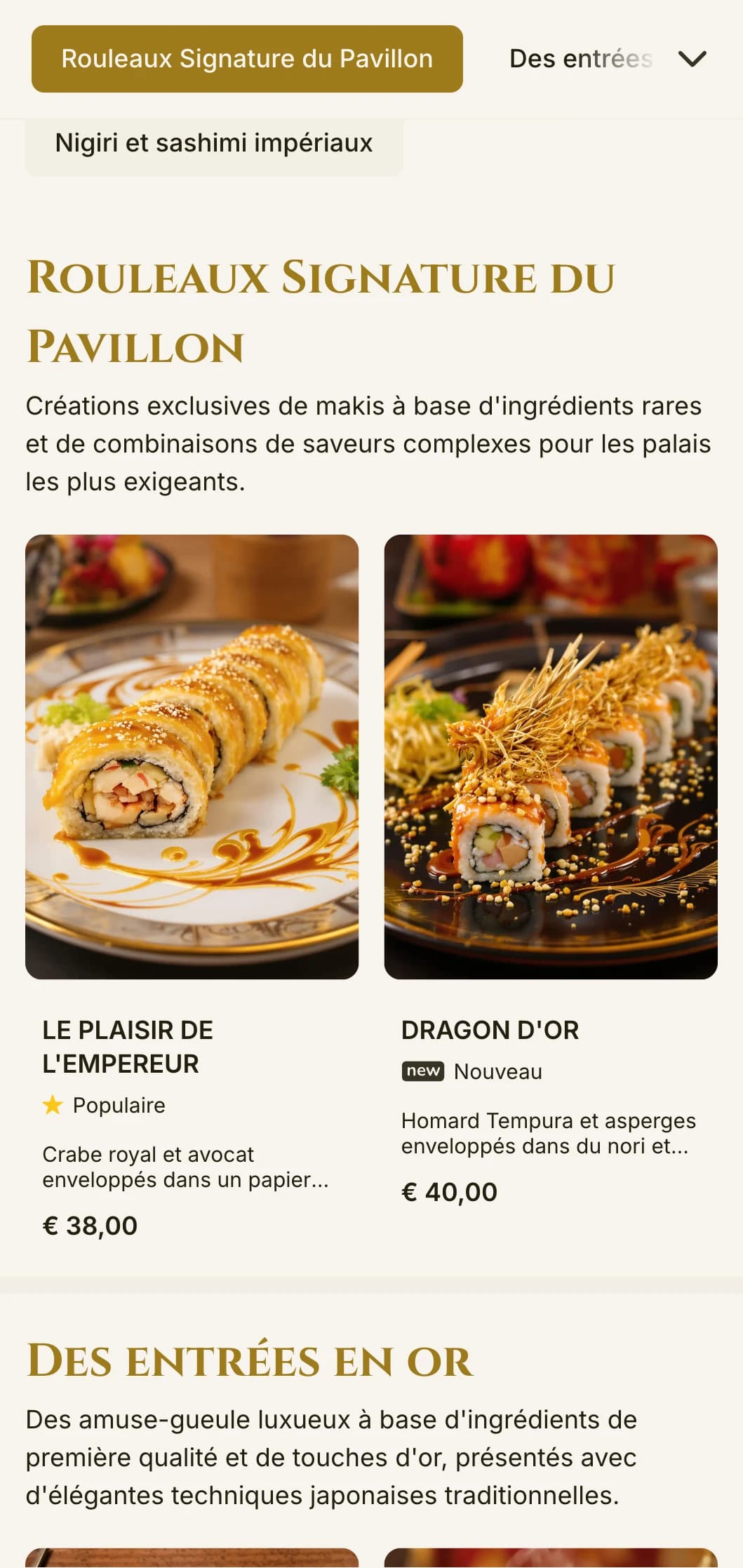Menu de sushis luxueux, rehaussé d'or, inspiré du célèbre temple de Kyoto, avec une typographie élégante et des éléments traditionnels.