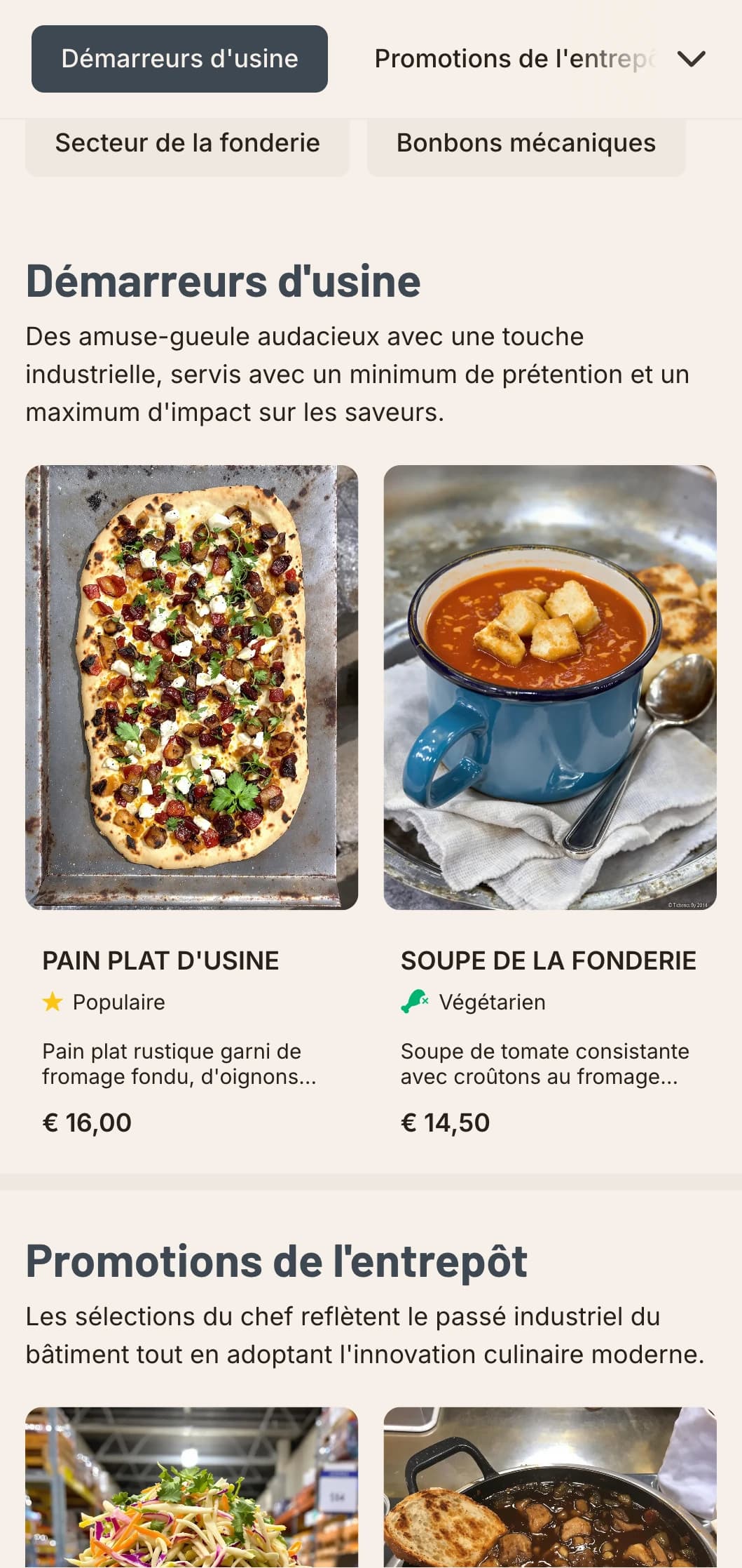 Un menu brut et urbain avec une esthétique industrielle et une typographie audacieuse, adapté aux restaurants entrepôts reconvertis et aux restaurants urbains chics.