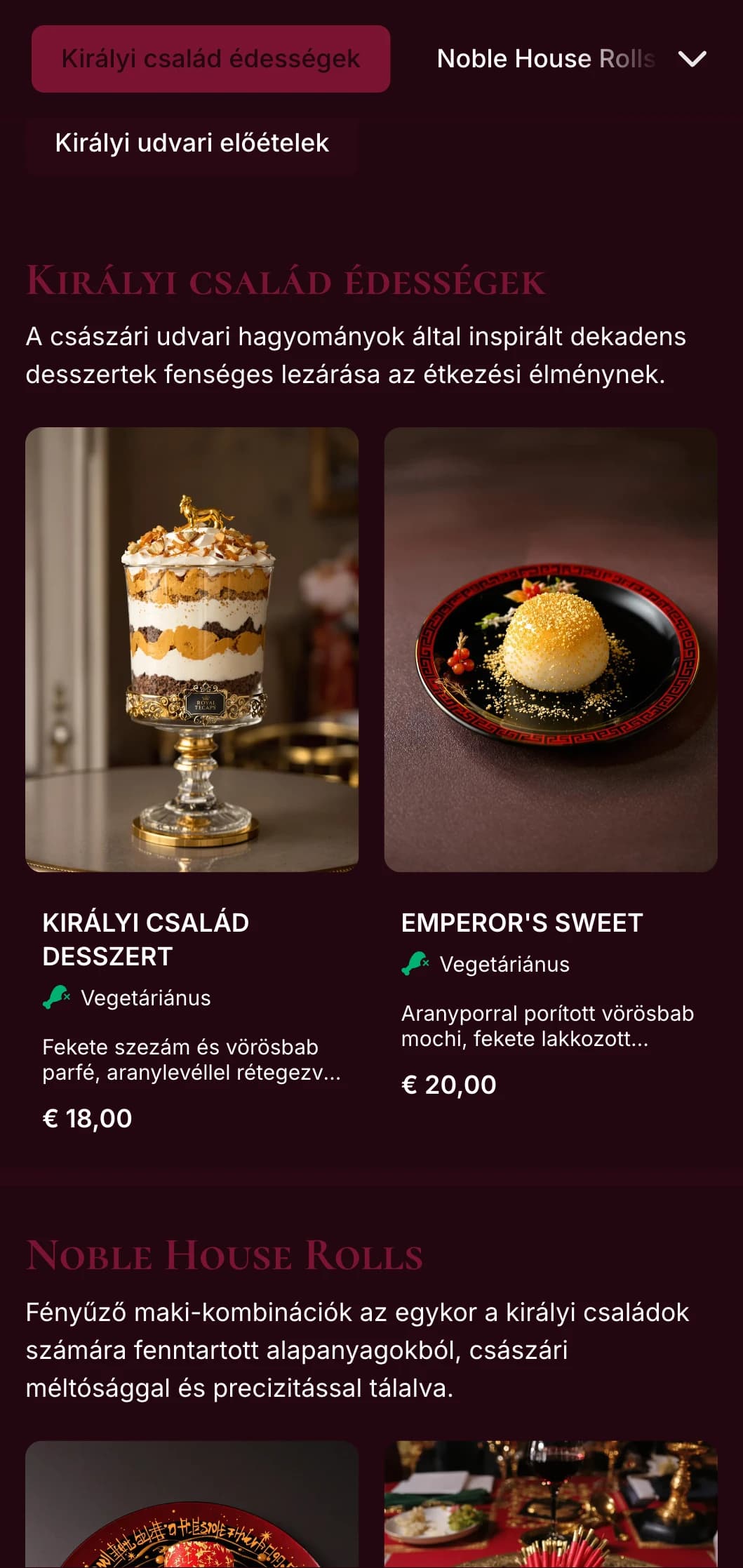 Fényűző hagyományos sushi menü, császári vörös és arany akcentusokkal a prémium étkezési élményekért.