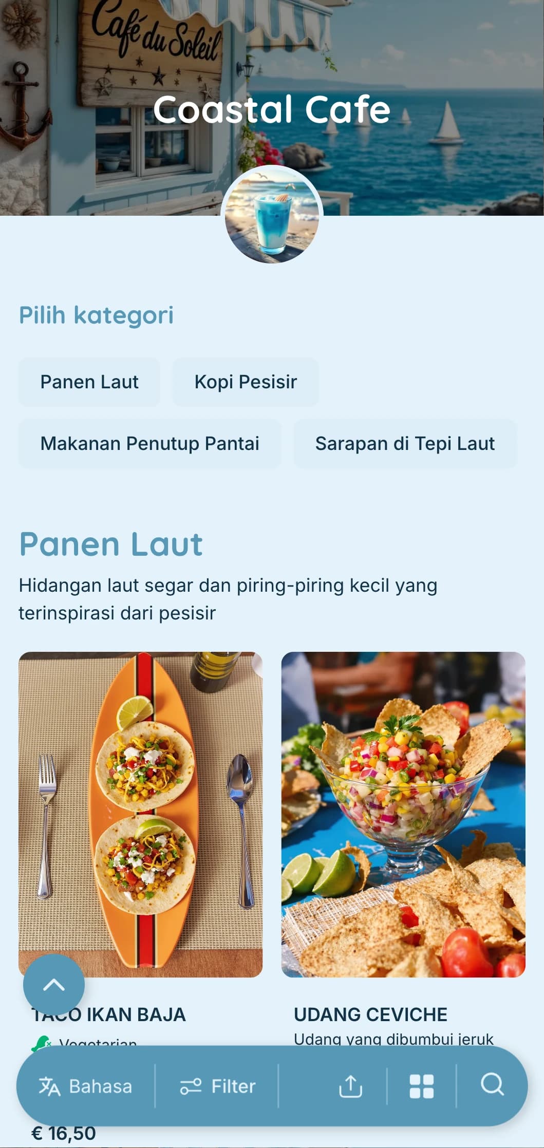 Desain biru semilir dengan elemen pesisir untuk kafe tepi pantai dan kedai kopi di tepi pantai.