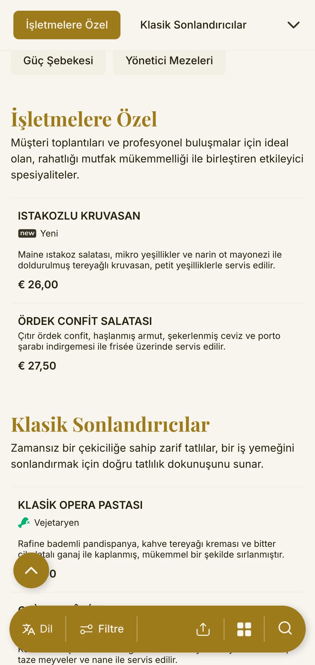 Hızlı profesyonel öğle yemekleri için zamansız tipografi ve sofistike düzen içeren, iş bölgeleri ve kurumsal catering için zarif ama etkili öğle yemeği menüsü tasarımı.