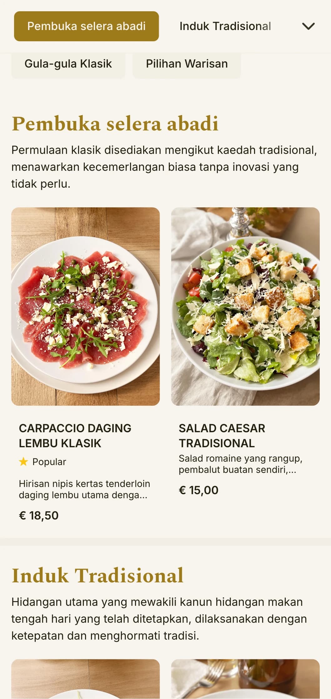 Reka bentuk menu makan tengah hari yang abadi dan elegan dengan tipografi seimbang dan jarak yang halus, sesuai untuk restoran tradisional dengan reputasi yang mantap.