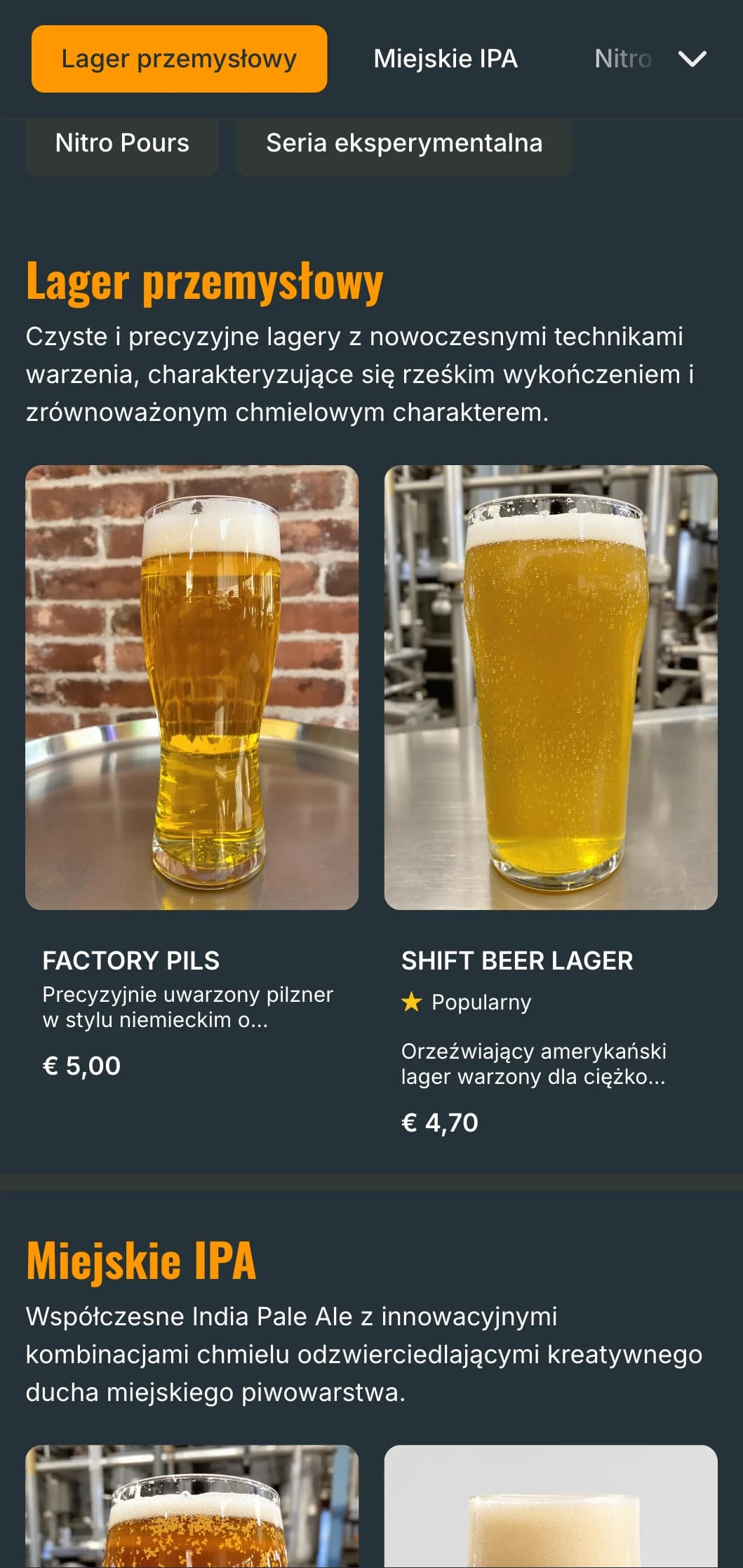Szablon inspirowany stylem industrialnym z metalowymi akcentami i miejską estetyką, idealny do miejskich browarów i nowoczesnych taproomów.