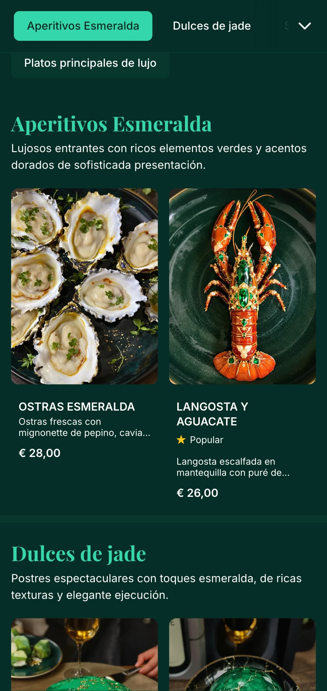 Un lujoso menú con tonos esmeralda y toques dorados, diseñado para restaurantes de lujo.