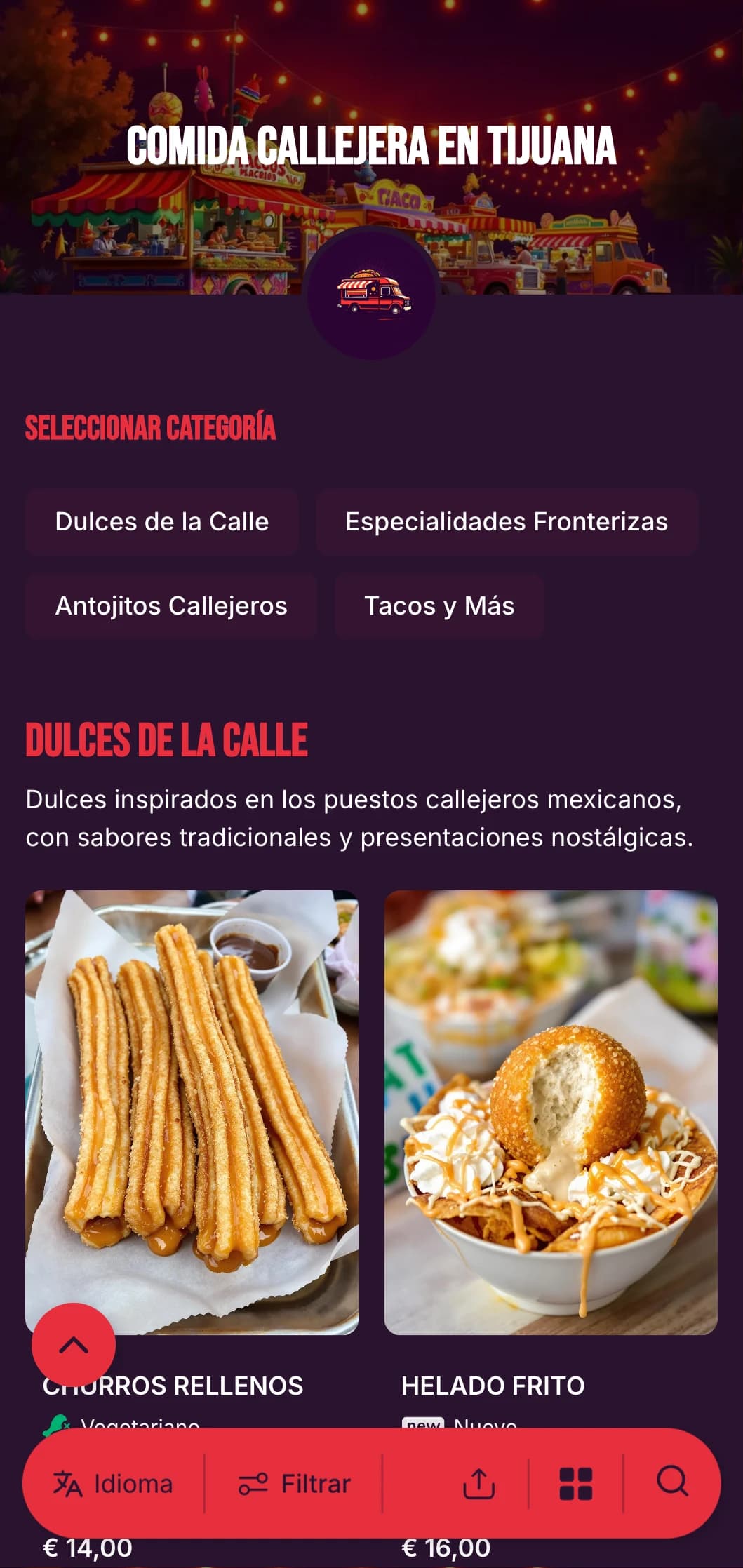 Atrevido y enérgico menú de comida callejera inspirado en la vibrante escena gastronómica de Tijuana, con colores vivos, tipografía desenfadada y auténticas especialidades de tacos.