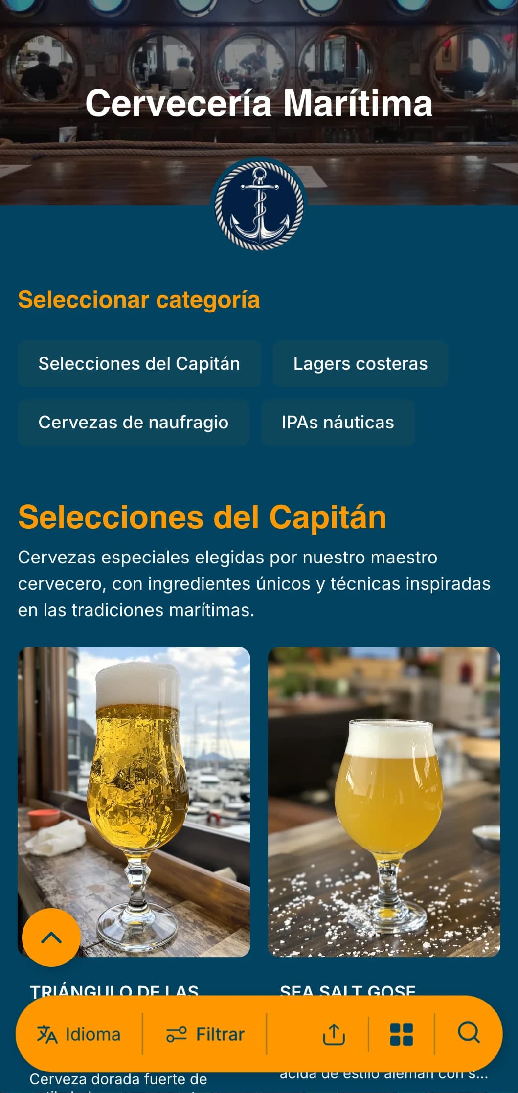 Plantilla de temática náutica con tonos azul marino y elementos marineros, perfecta para cervecerías costeras y pubs portuarios.