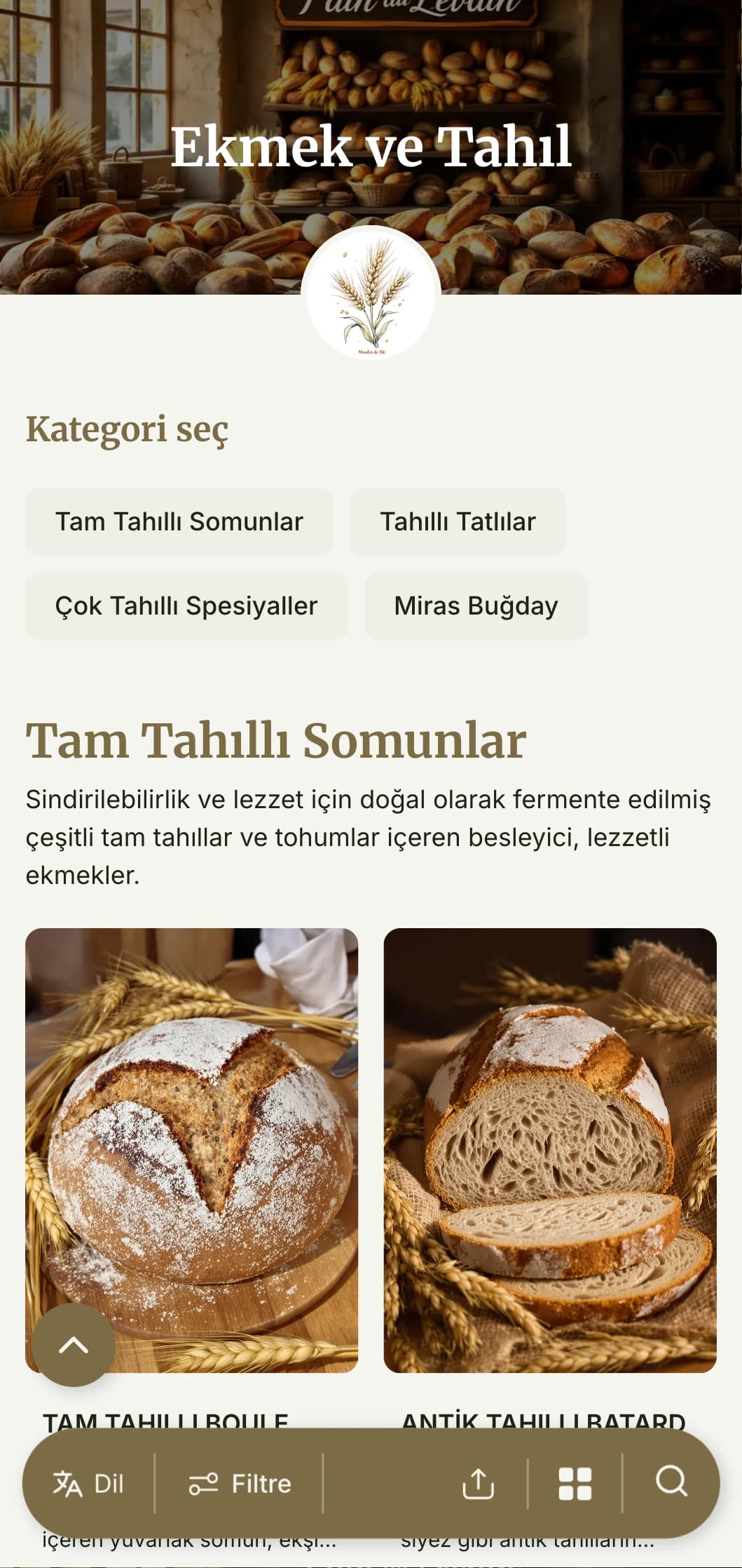 Buğday tonları ve geleneksel tipografi ile rustik, tahıl odaklı bir fırın menüsü tasarımı, zanaatkar ekmek fırınları ve tam tahıl uzmanları için ideal.
