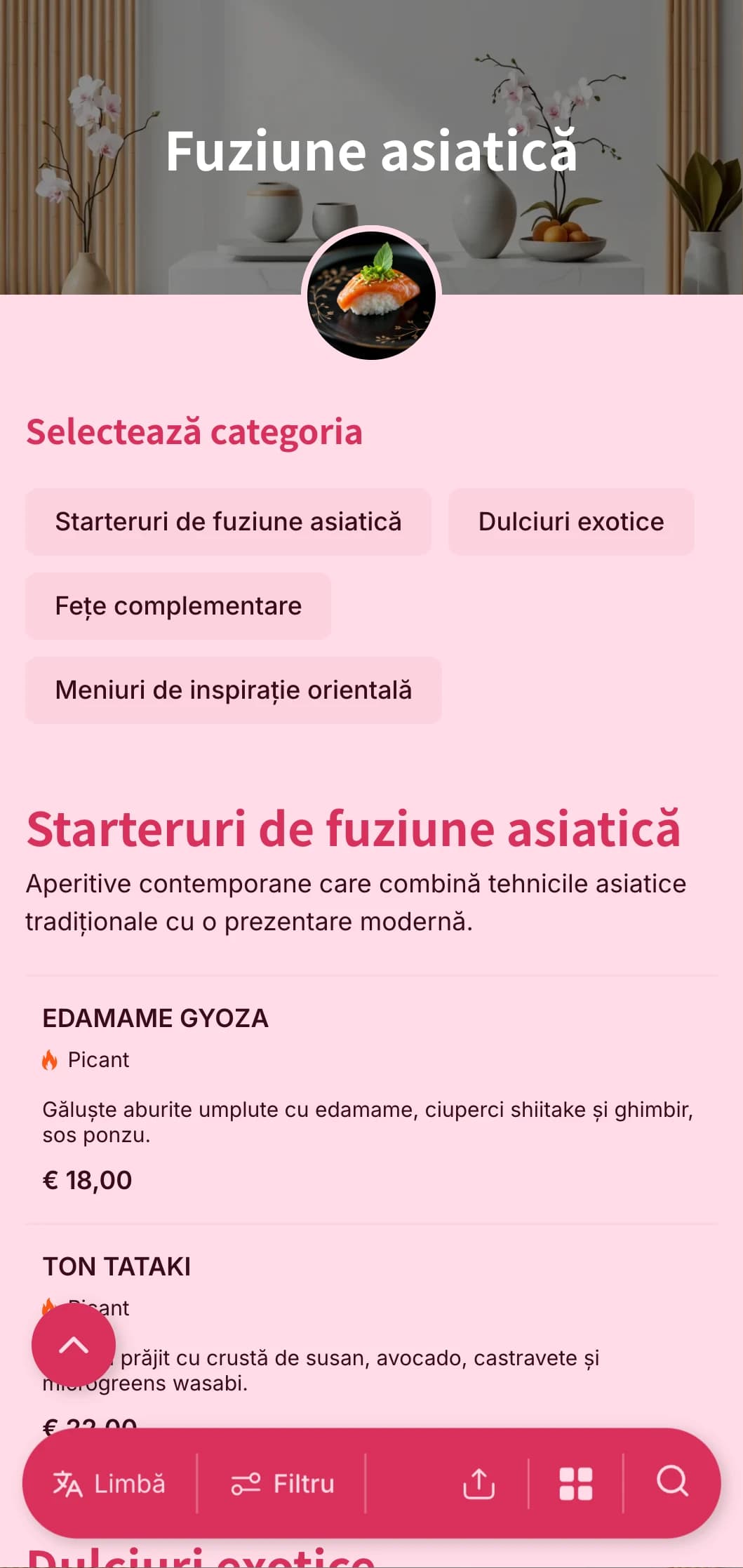 Catering contemporan de inspirație asiatică care combină tehnicile tradiționale cu prezentarea modernă pentru evenimente la modă și întâlniri internaționale.