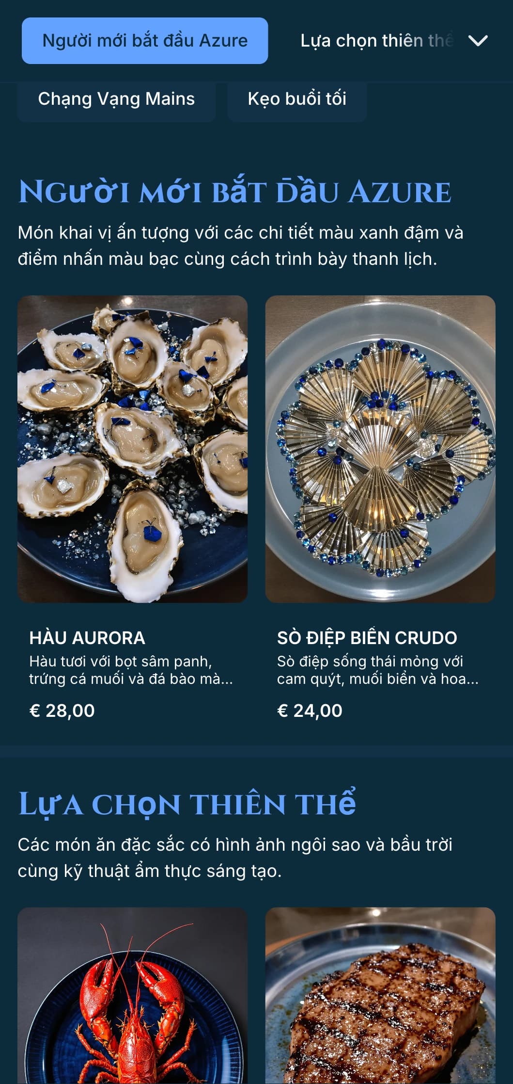 Thực đơn tối màu xanh lam đậm ấn tượng với cảm hứng từ hoàng hôn và điểm nhấn màu bạc, được thiết kế cho bữa tối sang trọng.