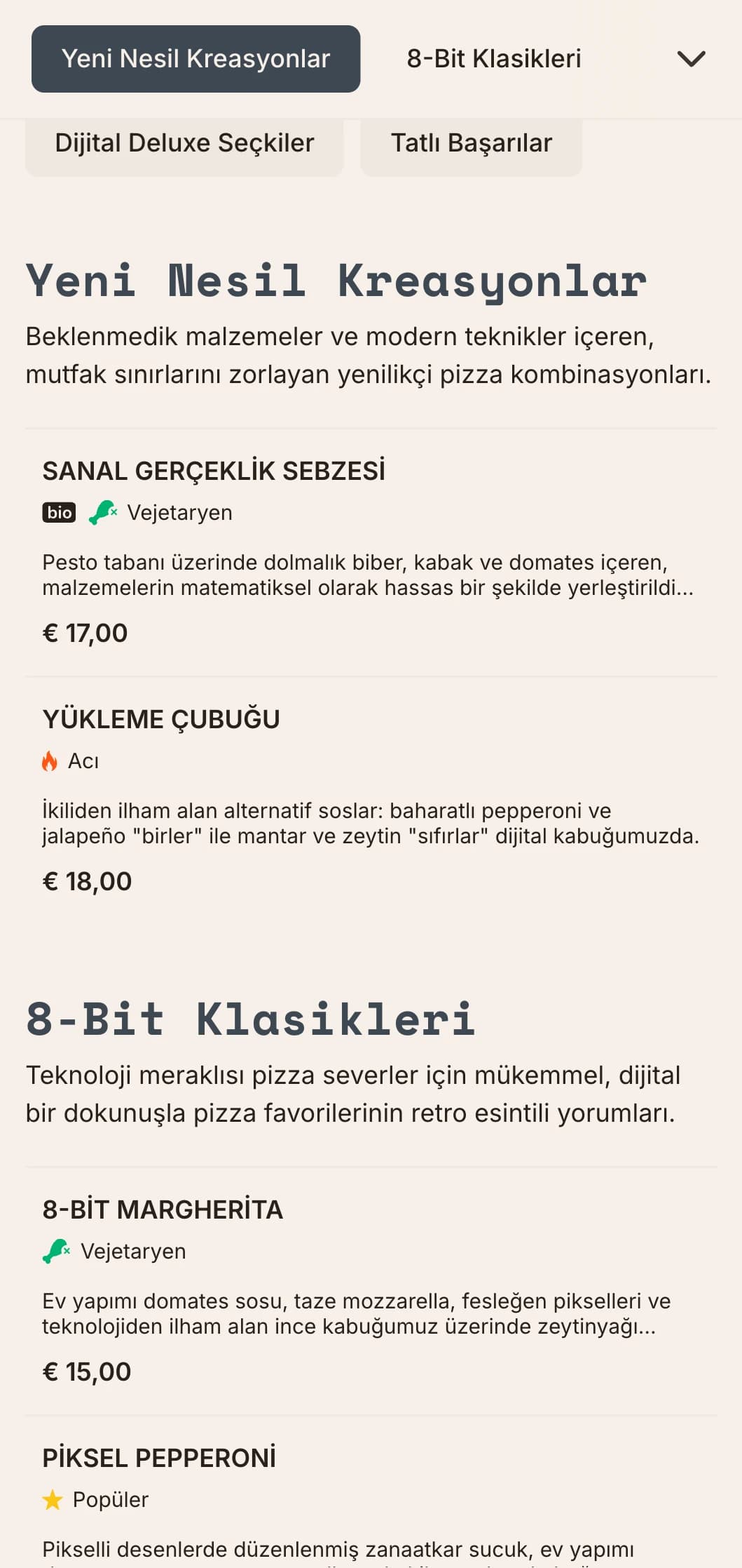 Yenilikçi pizza konseptleri için dijital estetiğe sahip, teknolojiden ilham alan modern pizza menüsü.