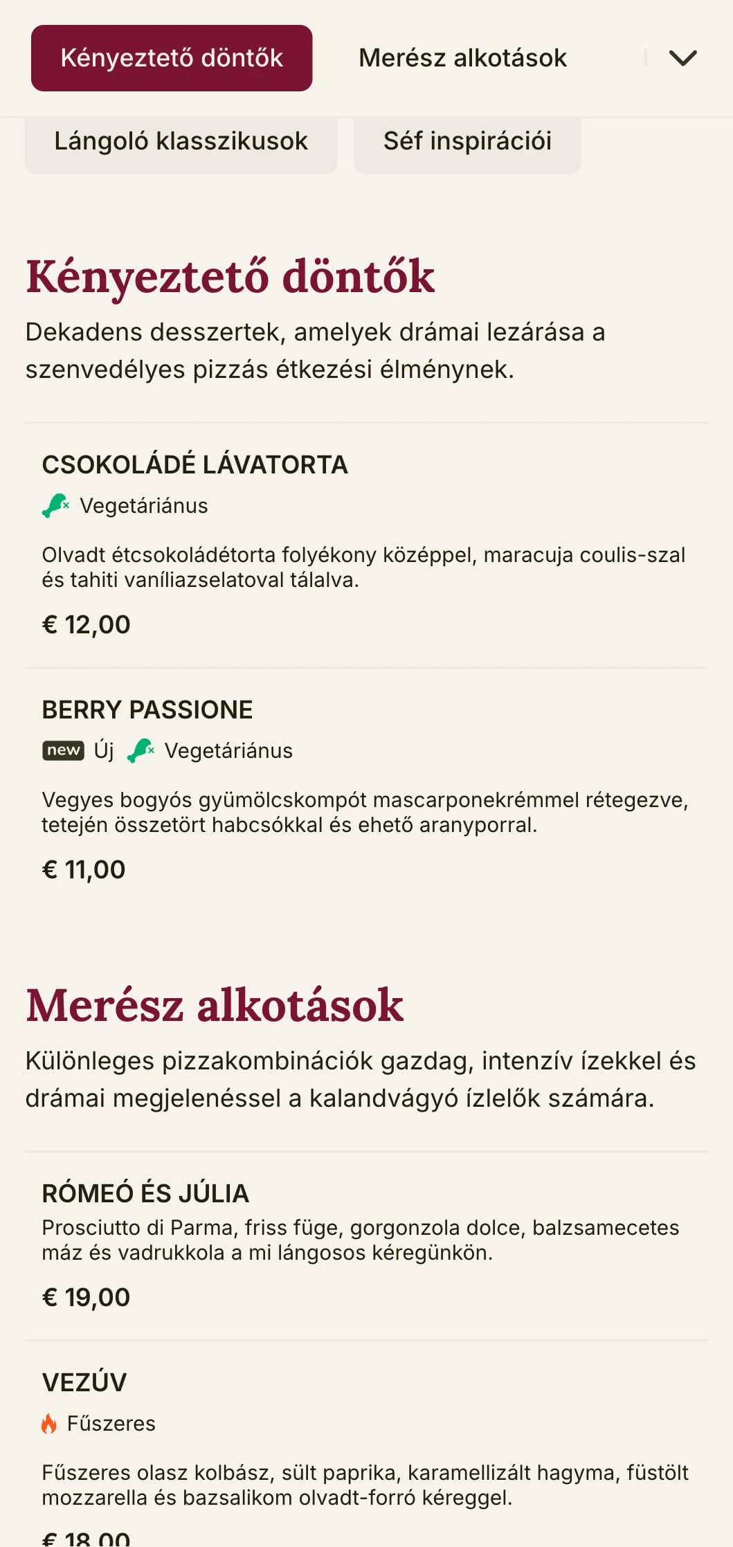 Merész és szenvedélyes pizza menü design gazdag színekkel és színpadias elemekkel a jellegzetes karakterű pizzériák számára.