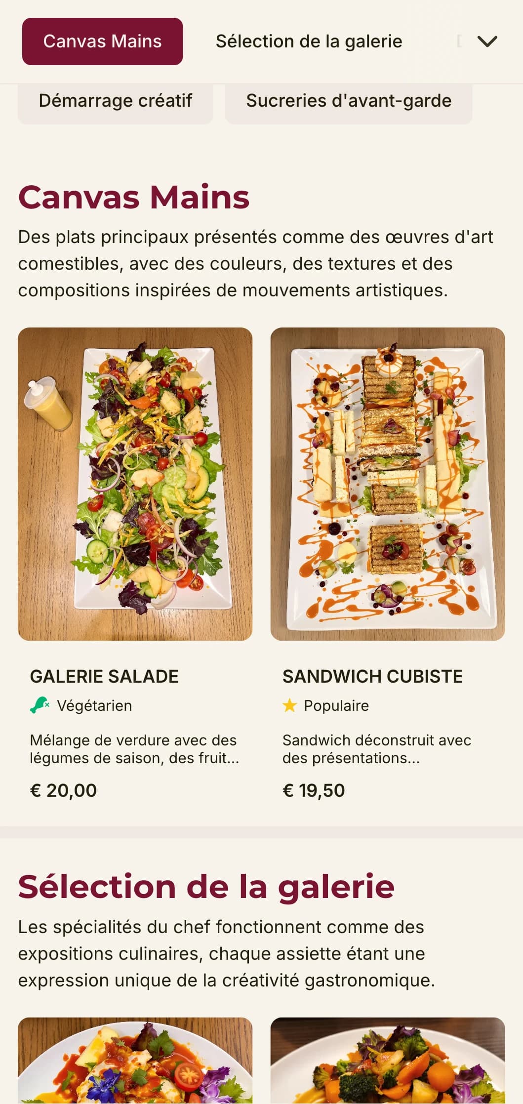 Carte de déjeuner créative, inspirée de l'art, avec des accents de couleurs vives et une mise en page expressive, idéale pour les restaurants situés à proximité de galeries et de quartiers artistiques.