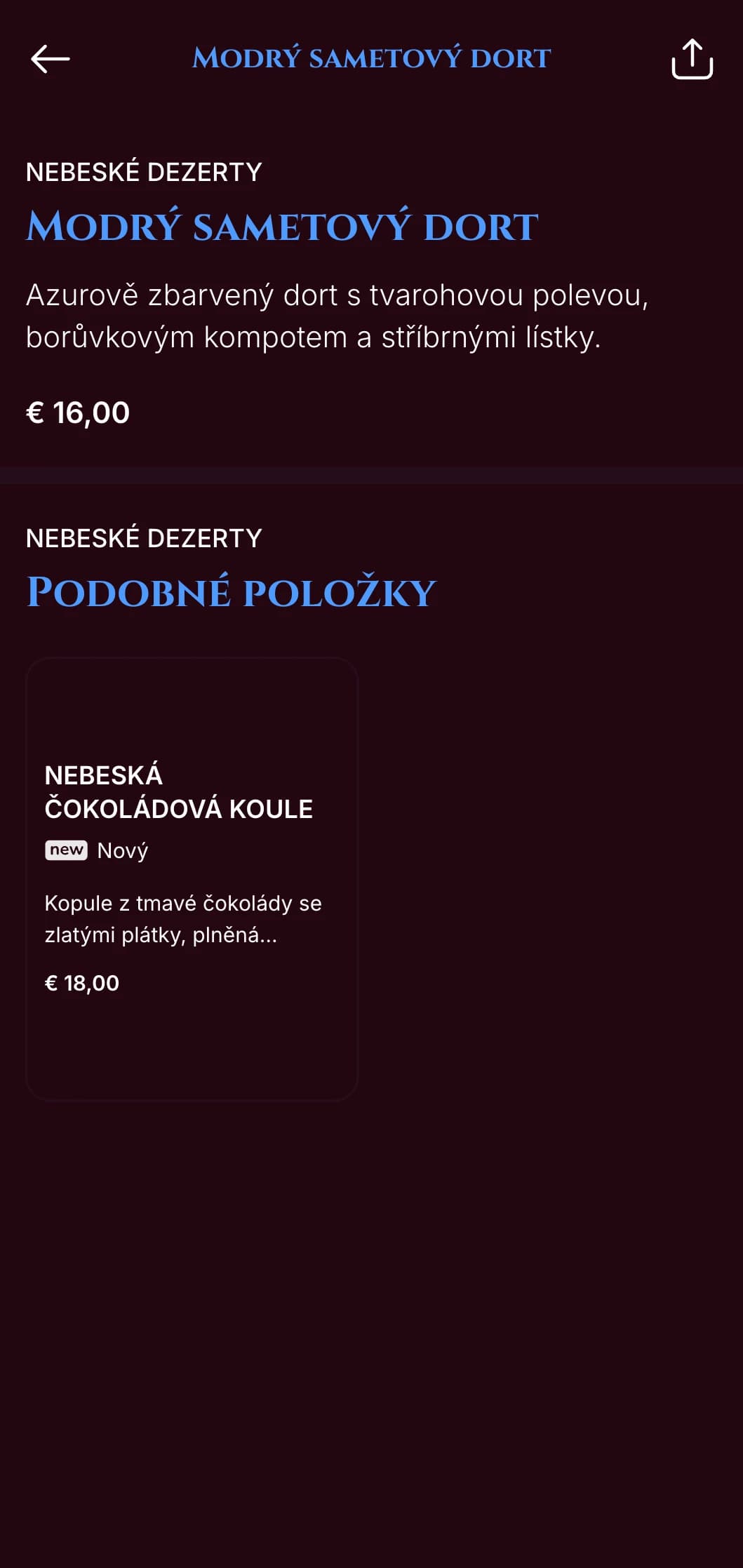 Dramatické půlnočně modré menu se zlatými akcenty, určené pro večerní restaurace s luxusní atmosférou.