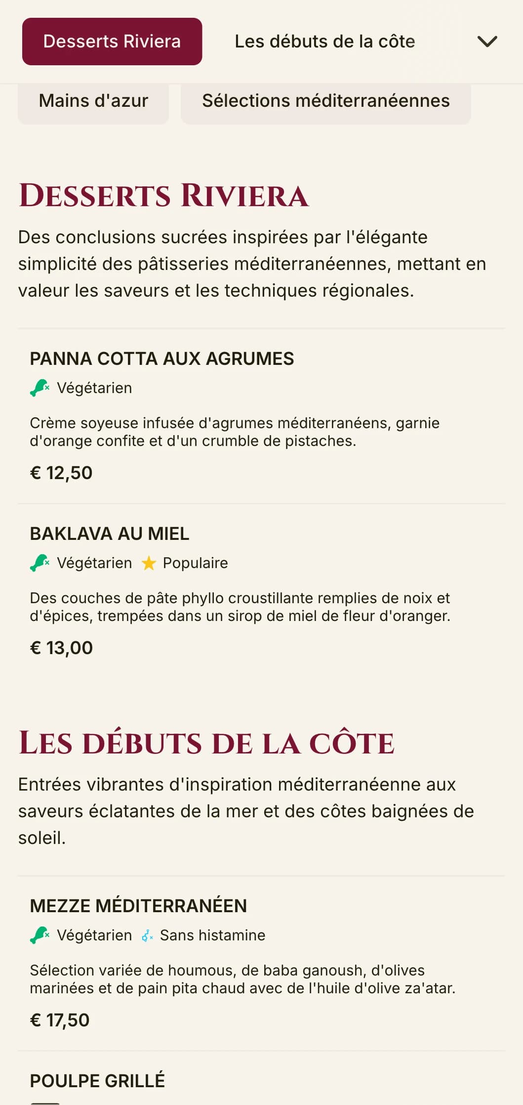 Carte de déjeuner d'inspiration méditerranéenne aux accents vibrants et à la présentation élégante, parfaite pour les restaurants de bord de mer haut de gamme et les destinations de vacances.