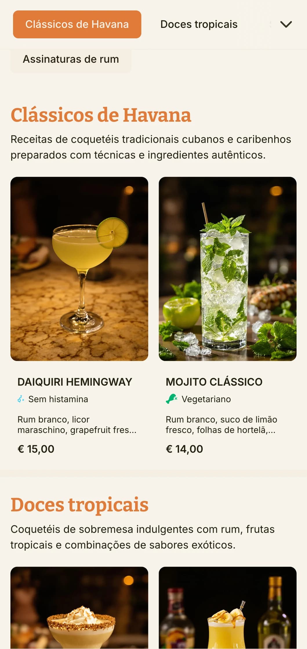 Um design de menu vibrante e tropical inspirado na cultura cubana de coquetéis, perfeito para bares de rum e estabelecimentos com temática latina.