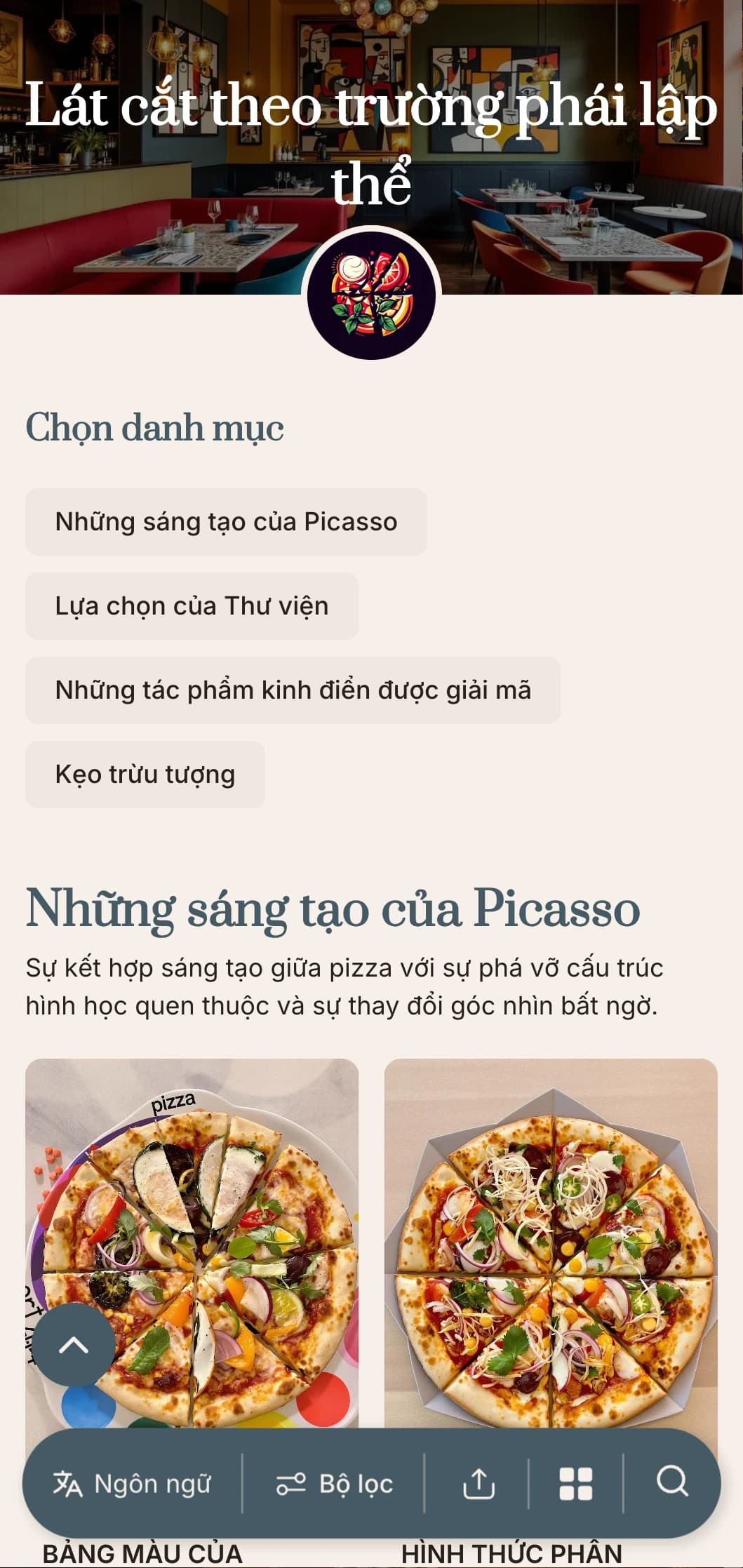 Thực đơn pizza lấy cảm hứng từ Picasso với các yếu tố hình học trừu tượng và bố cục nghệ thuật.